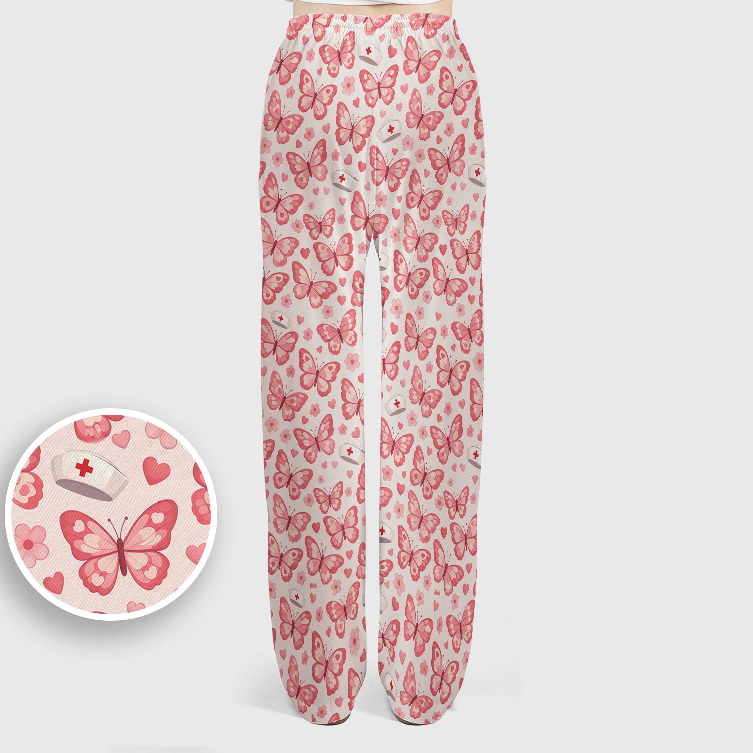 Valentine Butterfly Pattern Nurse Scrub Set, Pink Heart Medical Shirt For Women, Breathable Fabrics Nursing Uniform