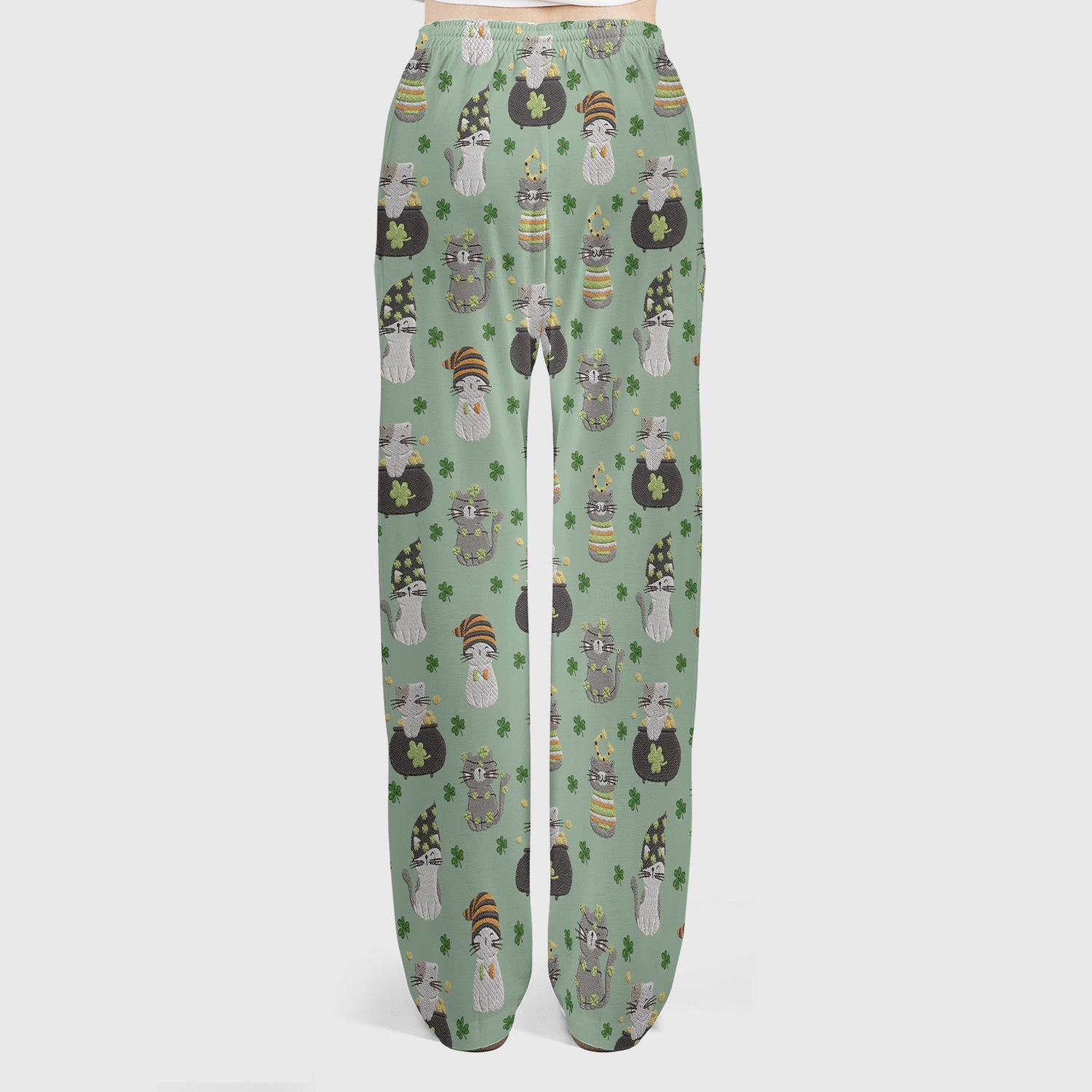 St. Patrick’s Day Scrub Set, Lucky Cat With Shamrock Pattern Shirt, Breathable Fabrics Nursing Uniform