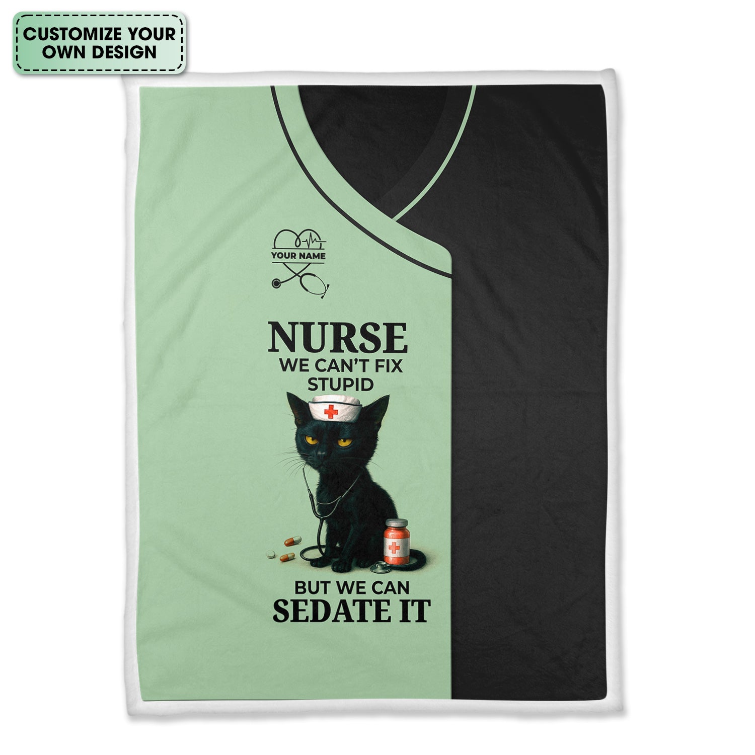 Personalized Funny Nurse Black Cat Blanket - Multiple Color Options Available - Custom Name Gift for RN CNA LPN Healthcare Workers