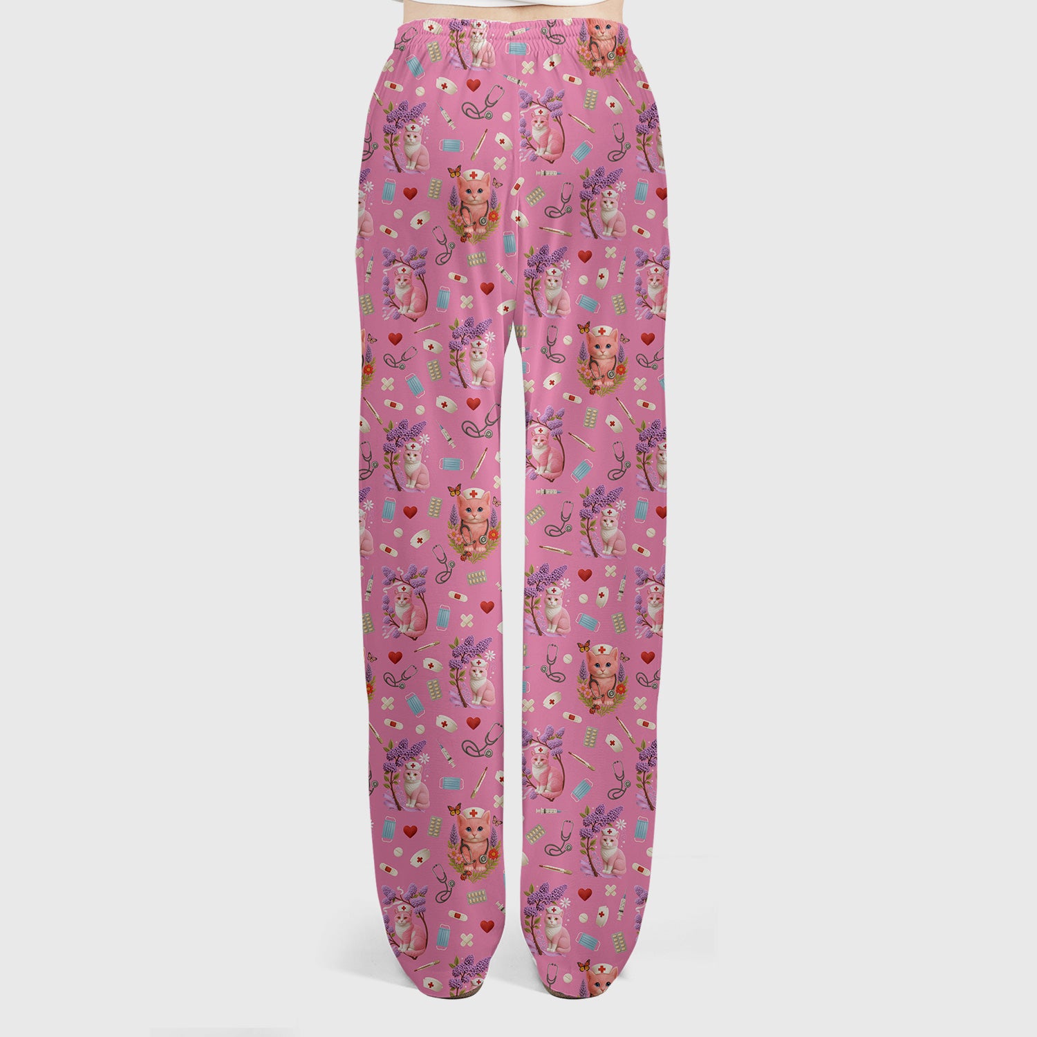 Cute Cat Pattern Nurse Scrub Set - Pink Medical Scrubs for Women - Adorable Kitty Print Gift for RN LPN CNA Healthcare Staff