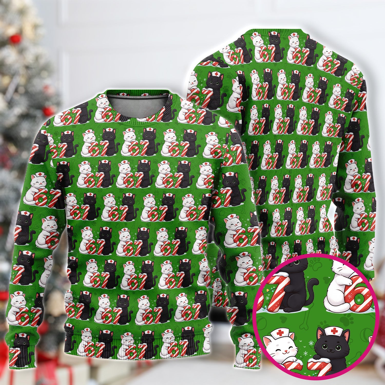 Xmas Cat Pattern Scrub Set, Christmas Nurse Six Seven With Cat Scrub Shirt, Breathable Fabrics Nursing Uniform