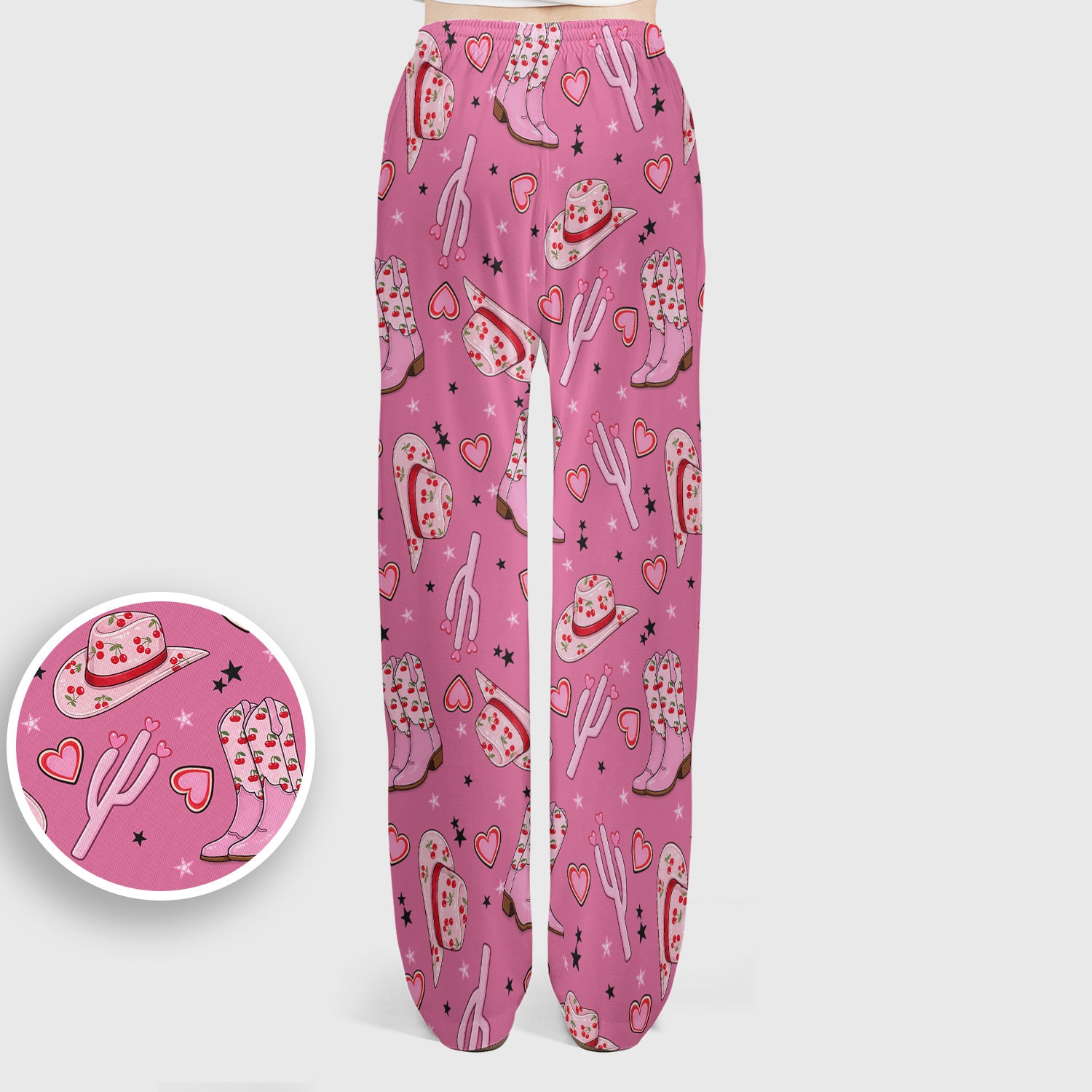 Pink Cowgirl Western Boots Hat Pattern Scrub Set, Scrub Pants and V Neck Top