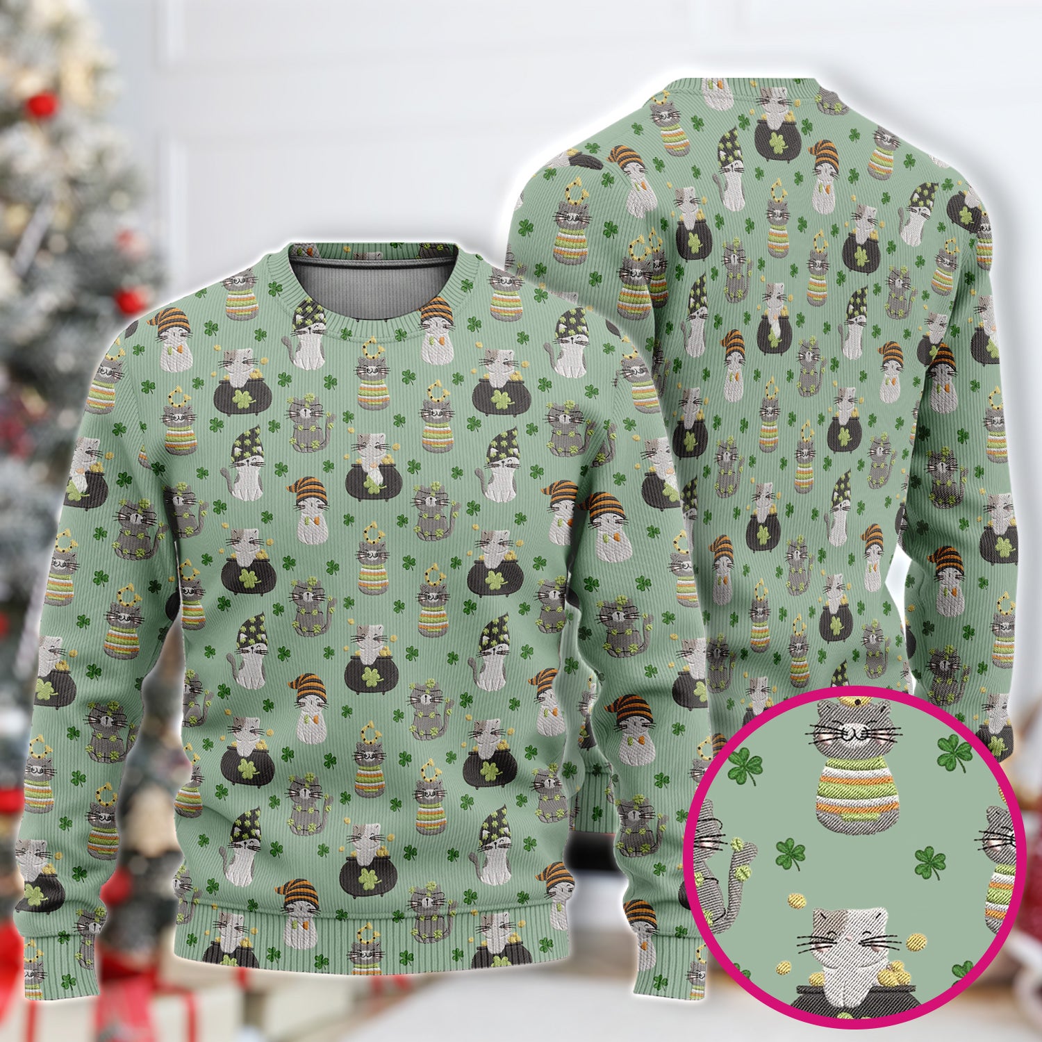 St. Patrick’s Day Scrub Set, Lucky Cat With Shamrock Pattern Shirt, Breathable Fabrics Nursing Uniform