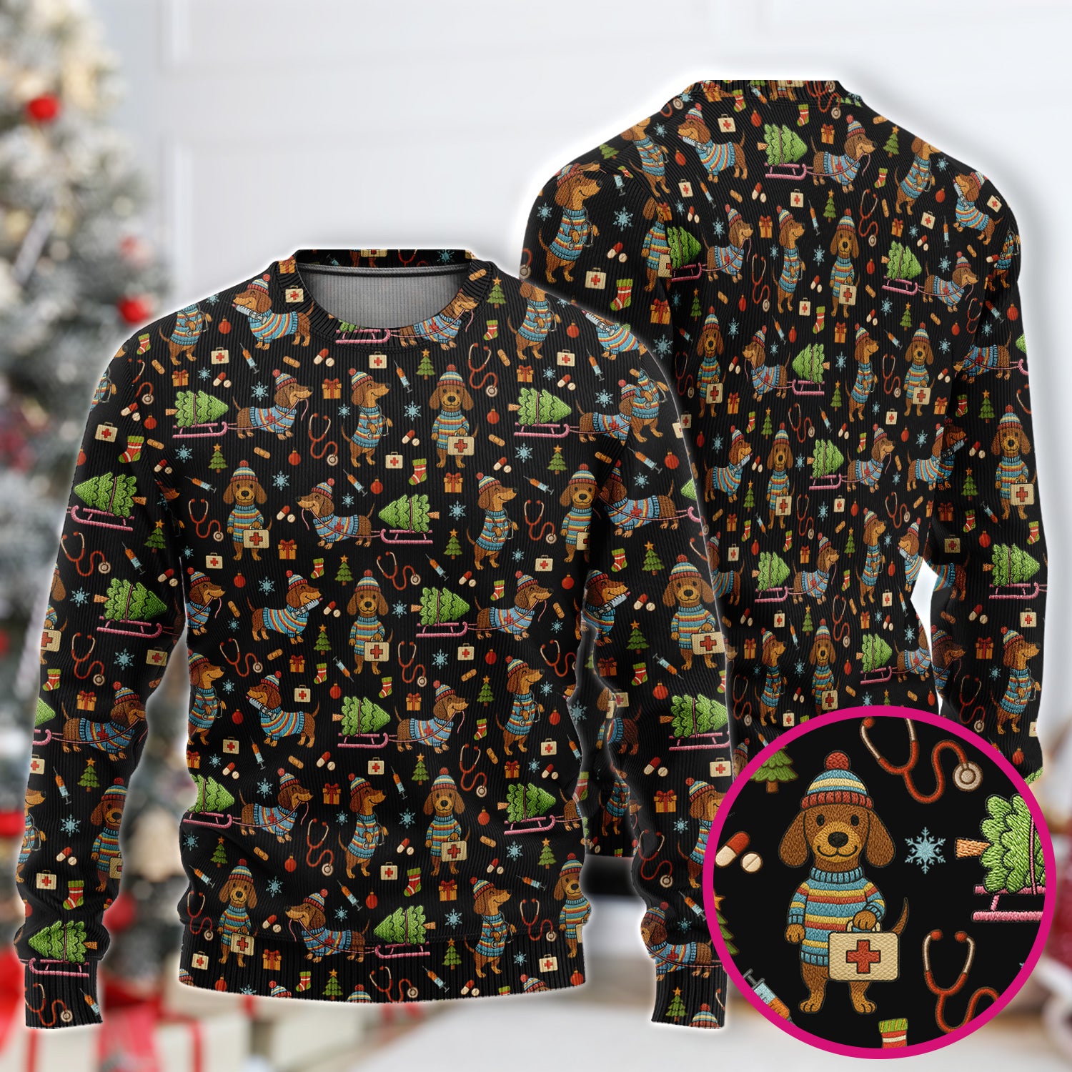 Dachshund Dog Scrub Set For Nurse, Funny Wiener Dog Lover Gift, Cute Dog 3D Knit Pattern Shirt