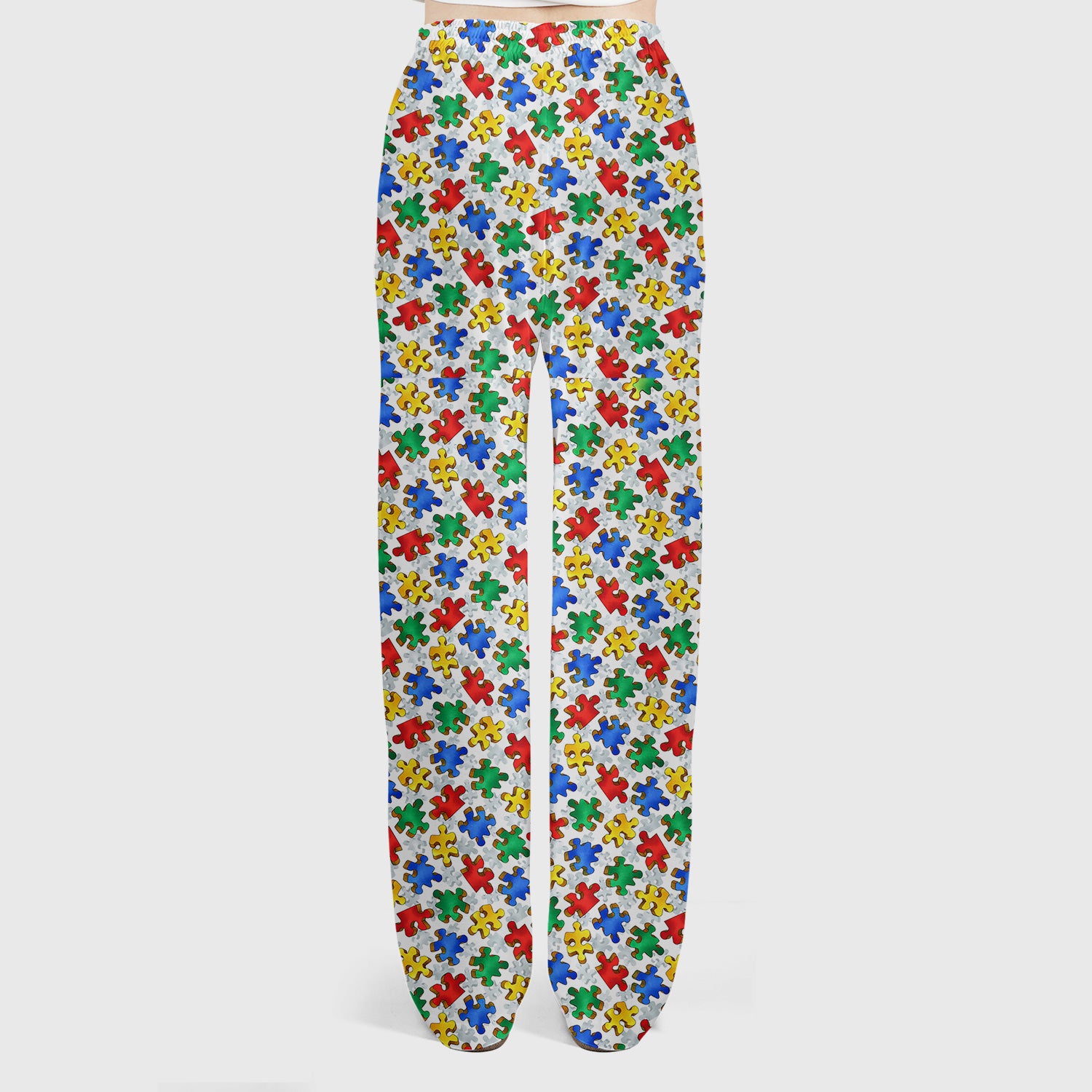 Colorful Autism Puzzle Piece Print Scrub Set, Scrub Pants and V Neck Top