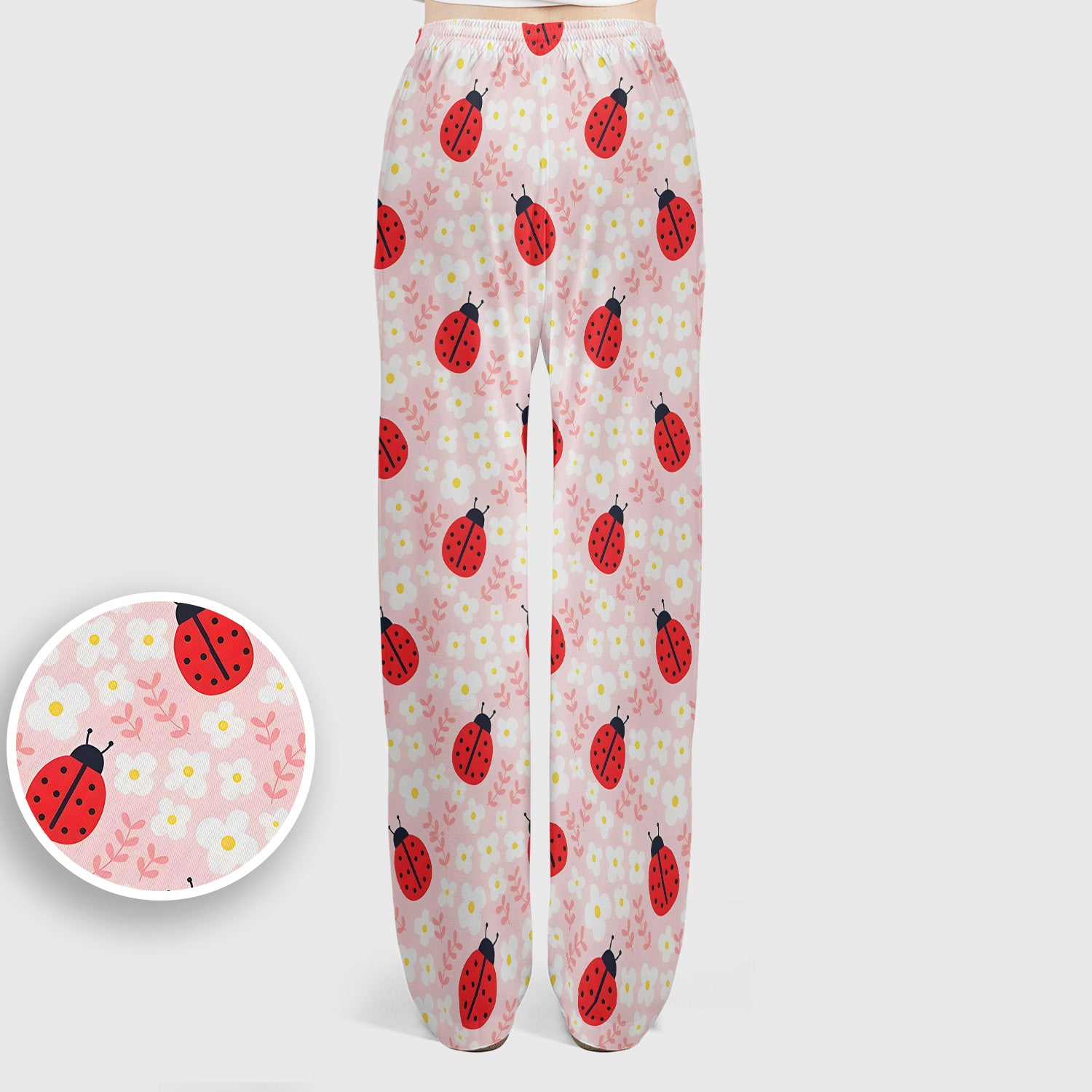 Cute Ladybug Blossom Print Scrub Set, Scrub Pants and V Neck Top