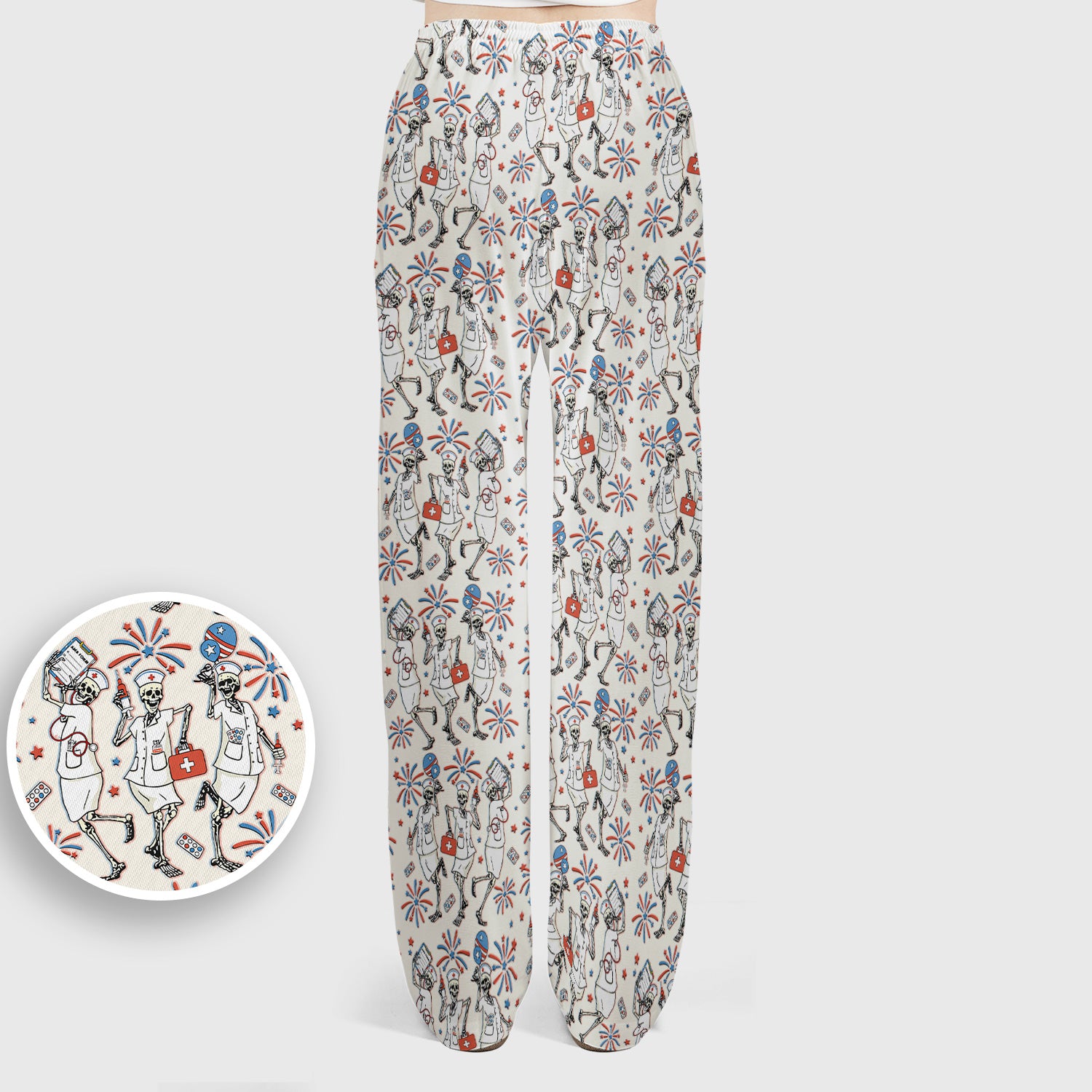 Funny Skeleton Nurse Patriotic Print Scrub Set, Scrub Pants and V Neck Top