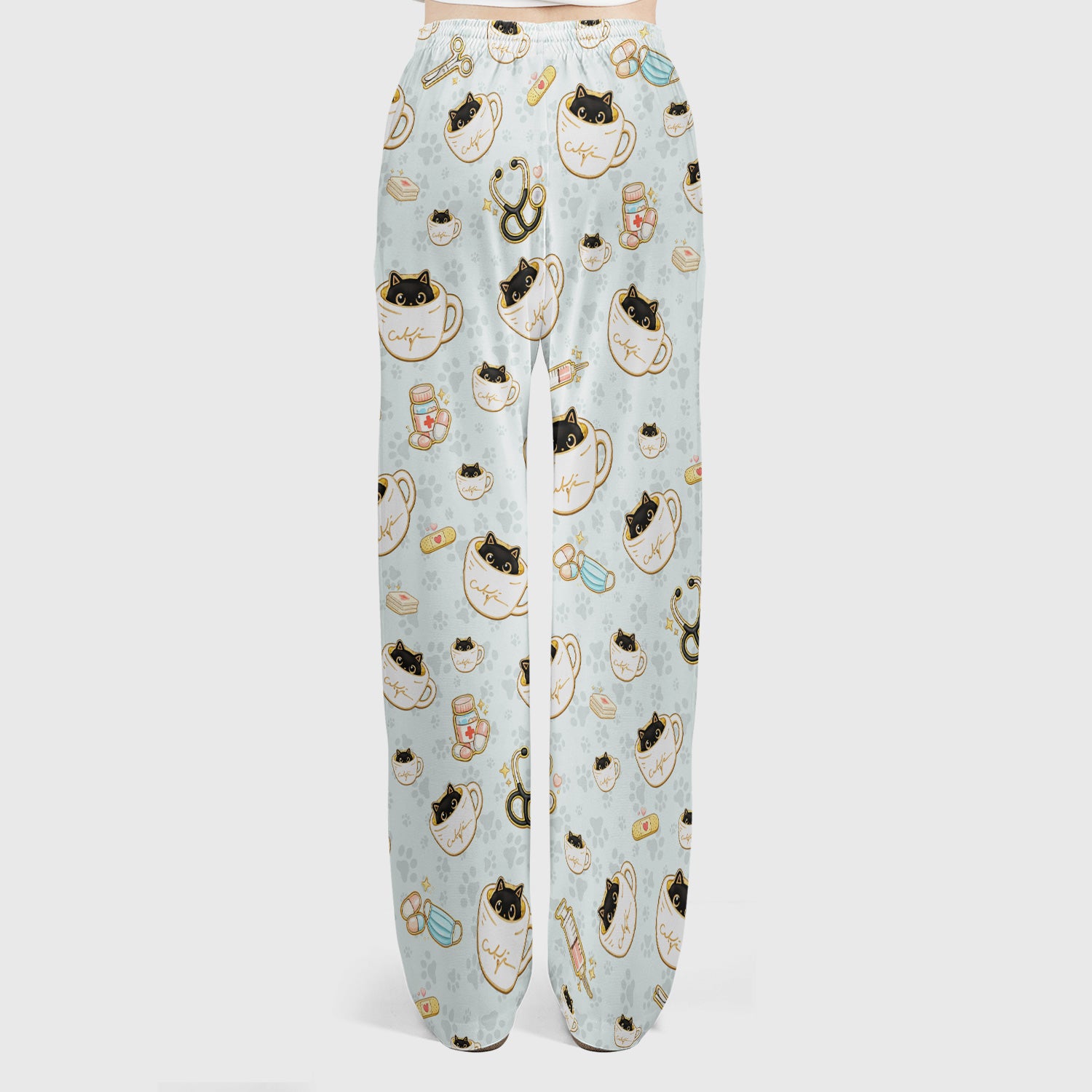 Cute Coffee Cat Medical Print Scrub Set, Scrub Pants and V Neck Top