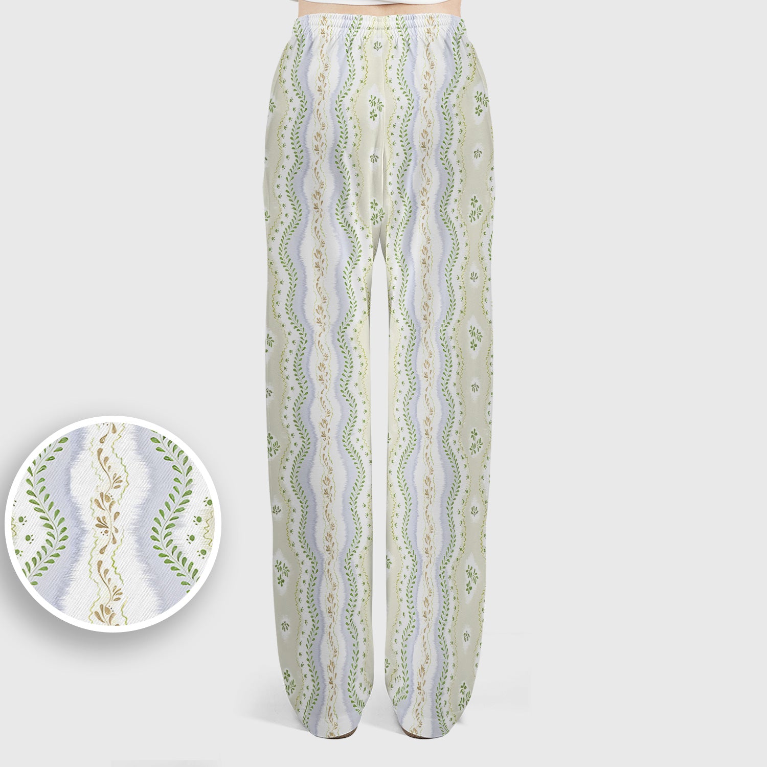 Wavy Stripe Botanical Pattern Scrub Set, Scrub Pants and V Neck Top