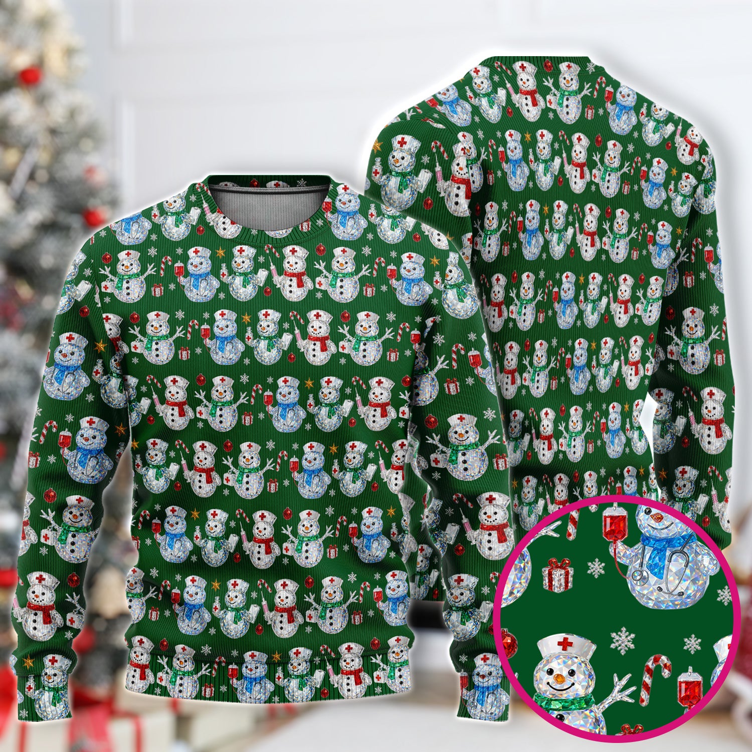 Nurse Snowman Christmas Scrub Set, Cute Holiday Medical Pattern Shirt For Women, Winter Snowflake Nursing Uniform