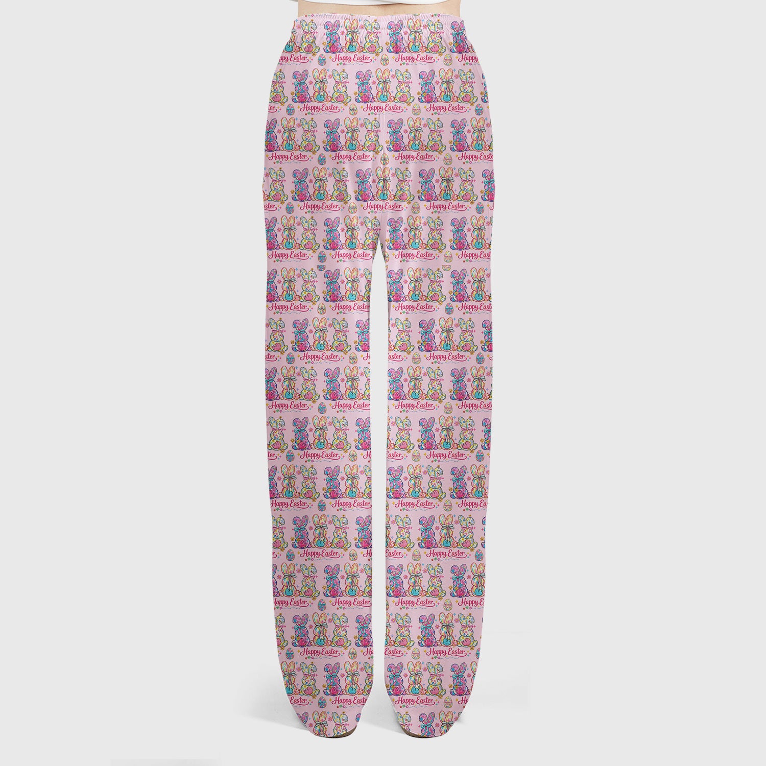 Pink Happy Easter Bunny Pattern Scrub Set, Scrub Pants and V Neck Top