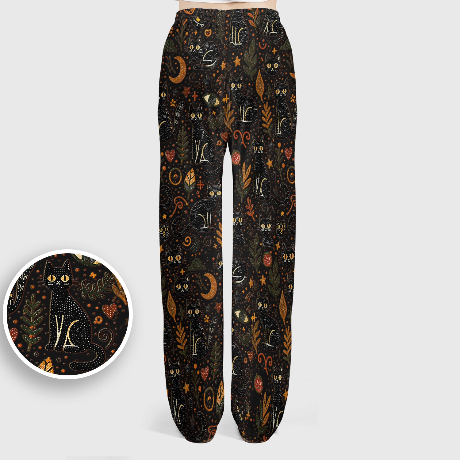 Mystic Black Cat Celestial Doodle Pattern Scrub Set, Scrub Pants and V Neck Top