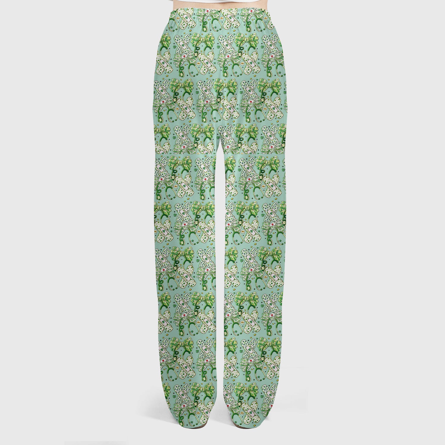St Patrick Shamrock Stethoscope Bow Print Scrub Set, Breathable Med Uniform