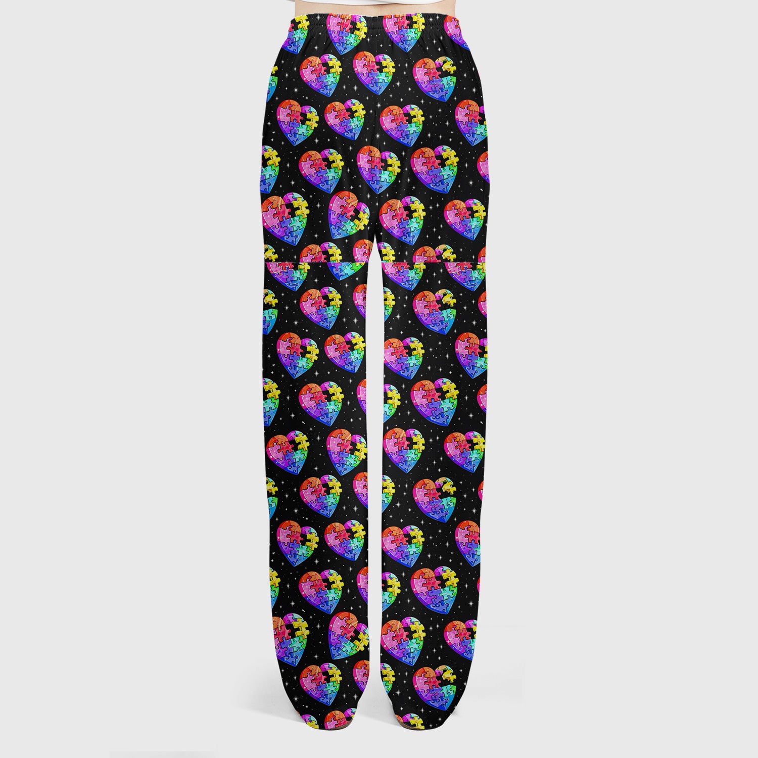Rainbow Autism Puzzle Heart Starry Sky Print Scrub Set, Scrub Pants and V Neck Top