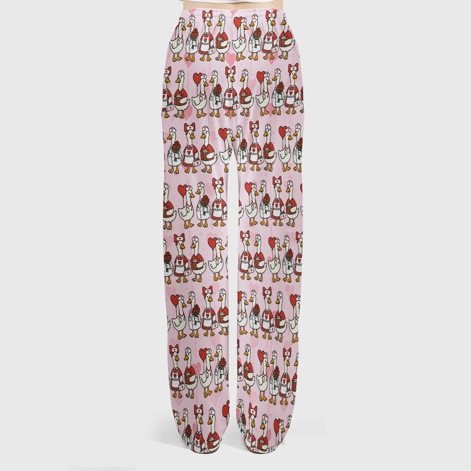 Valentine Nurse Goose with Heart Pattern Scrub Set, Scrub Pants and V Neck Top
