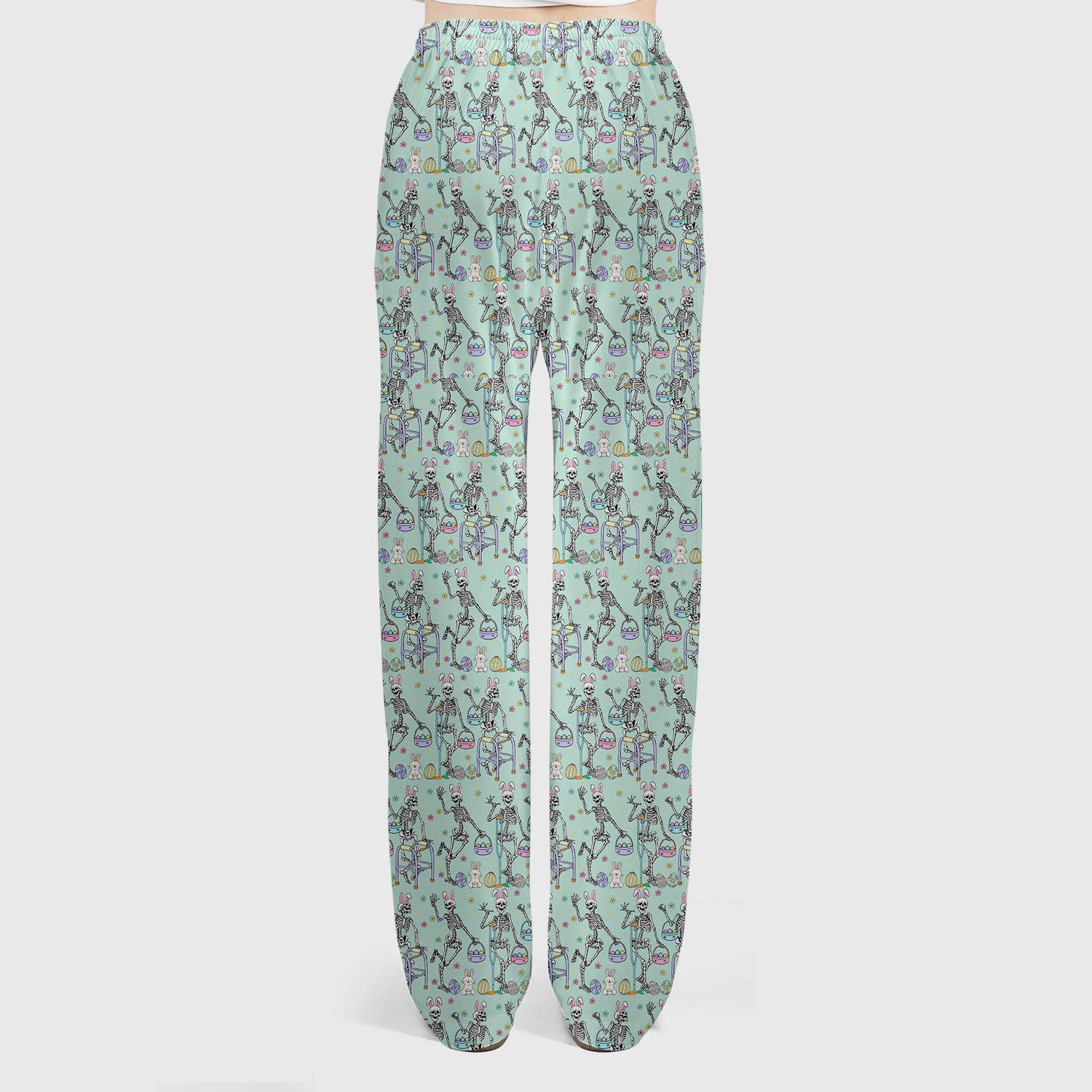 Fun Skeleton Bunny Easter Print Scrub Set, Scrub Pants and V Neck Top