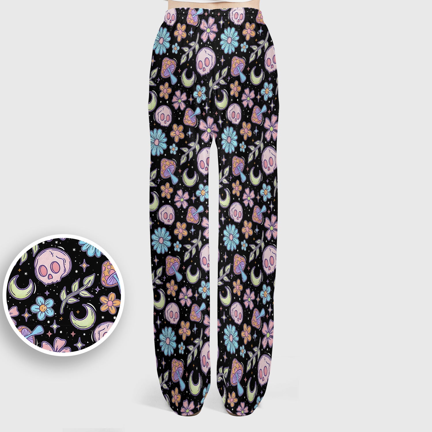 Neon Skull Mushroom Floral Scrub Set, Colorful Gothic Scrub Pants and V Neck Top