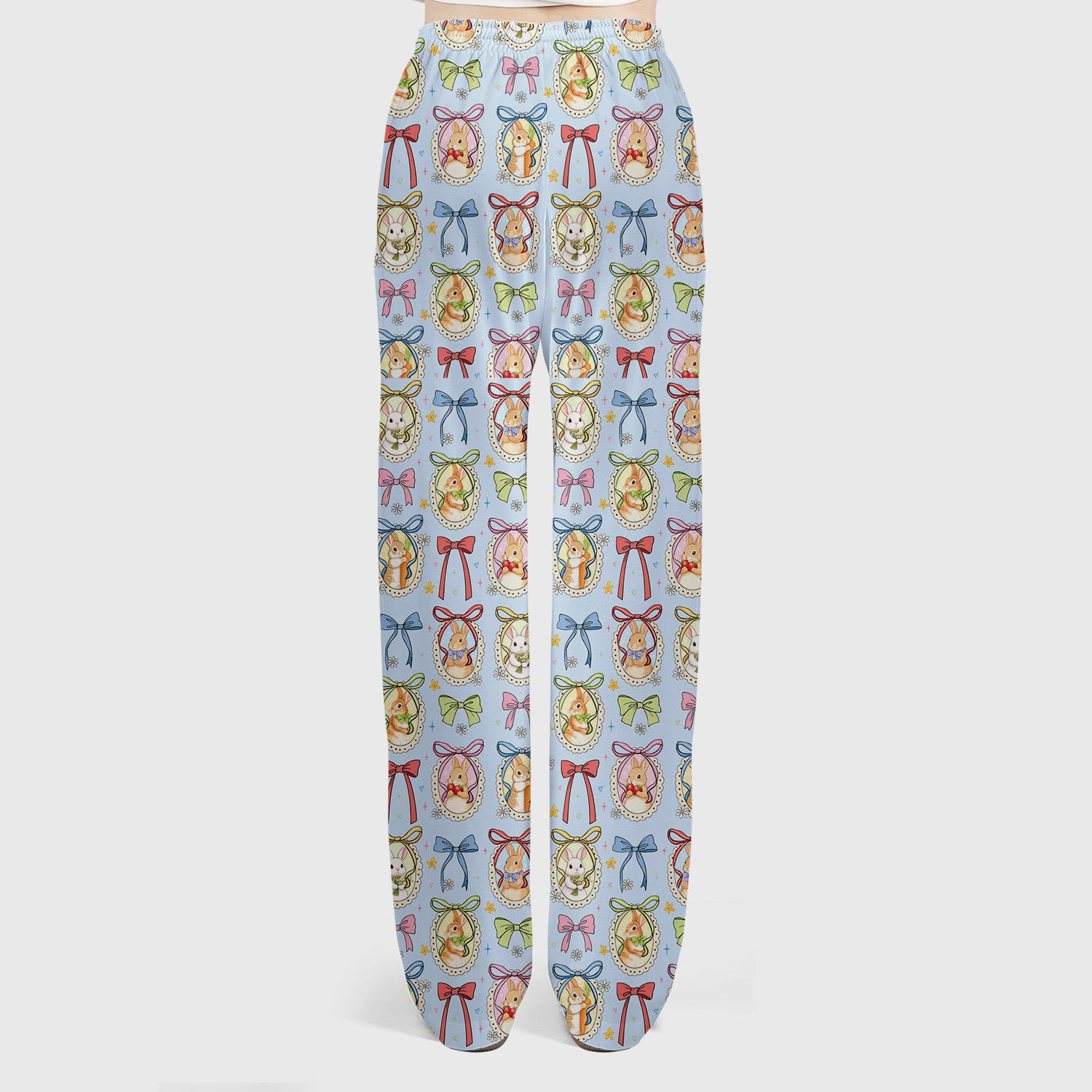 Cute Easter Bunny Cameo Colorful Bow Pattern Scrub Set, Breathable Med Uniform