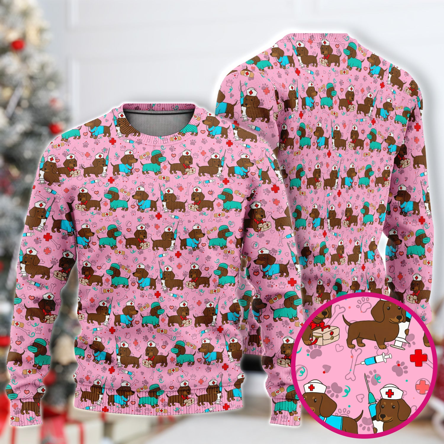 Cute Wiener Dog Dachshund Nurse Scrub Set, Funny Dachshund Dog Scrubs Shirt, Breathable Fabrics Nursing Uniform