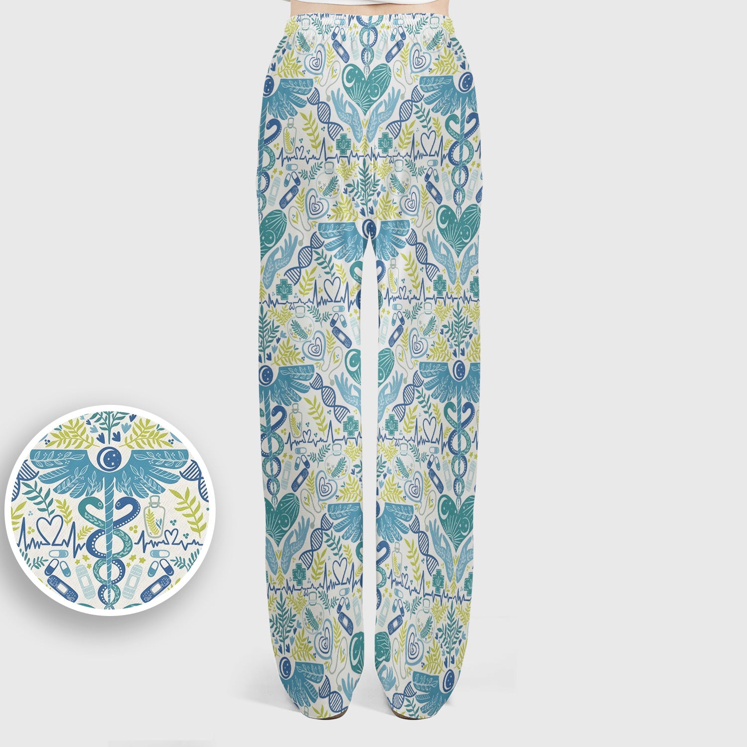 Inspirational Botanical Medical Caduceus Heart Nurse Pattern Scrub Set, Breathable Med Uniform