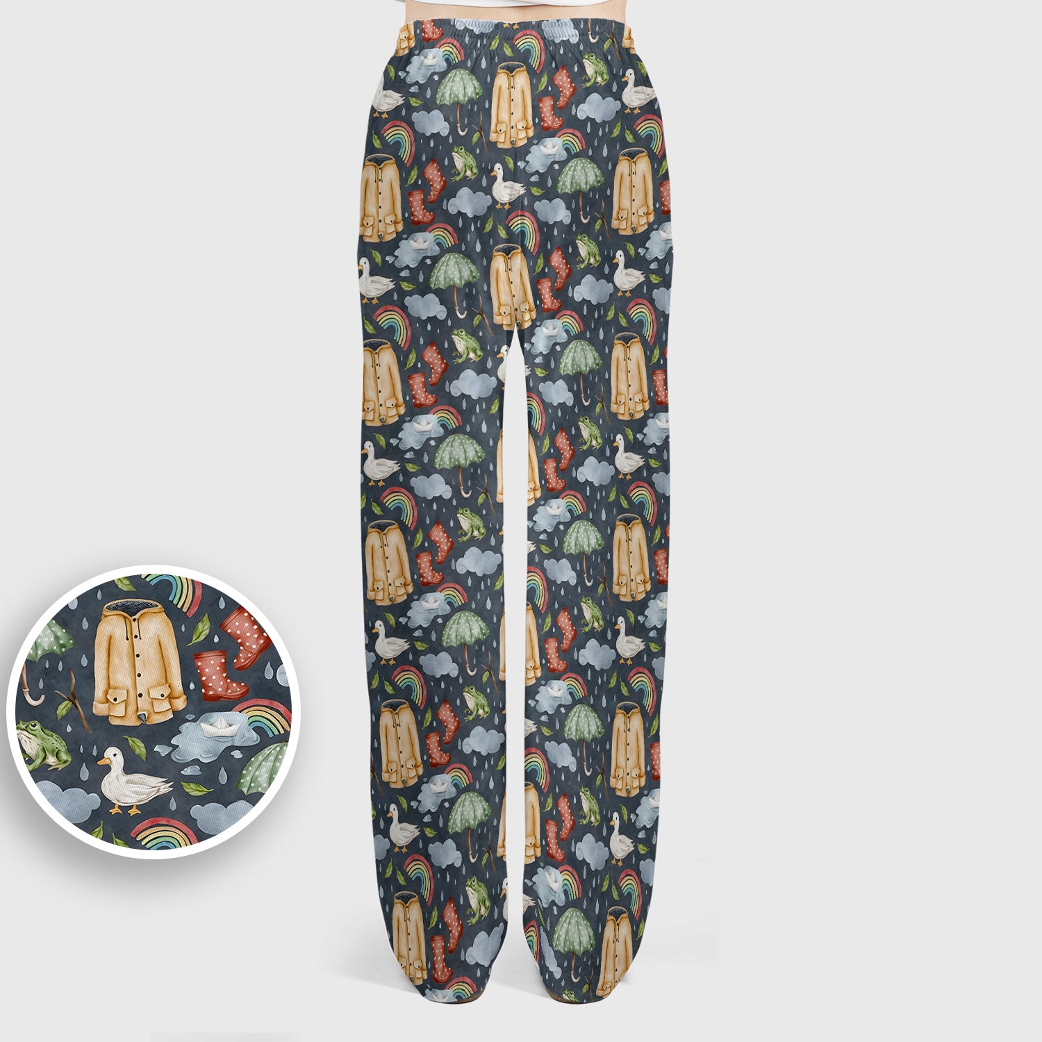 Cute Rainy Day Ducks & Frog Rainbow Pattern Scrub Set, Scrub Pants and V Neck Top