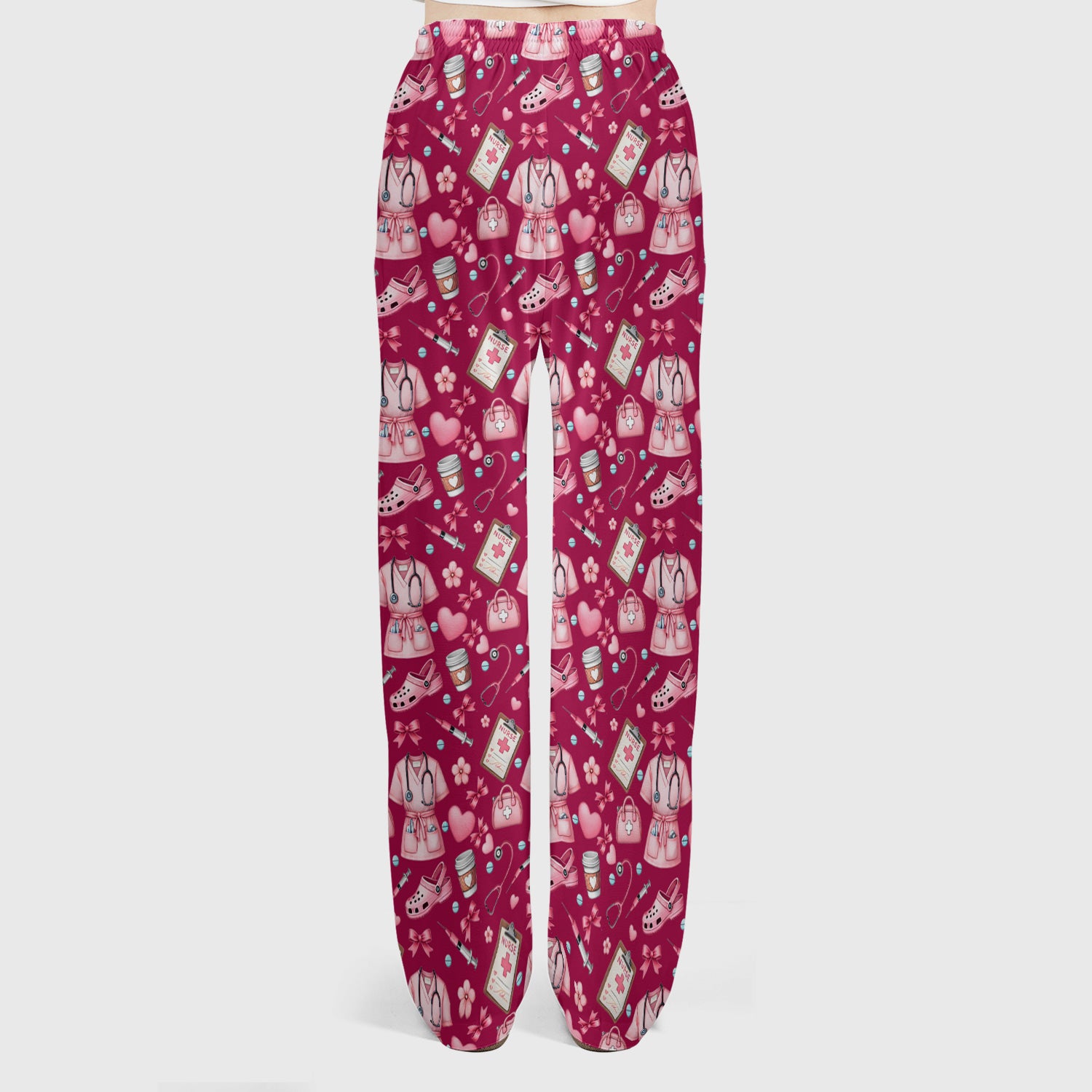 Valentine Pink Nurse Icons Print Women's Scrub Set, Breathable Med Uniform