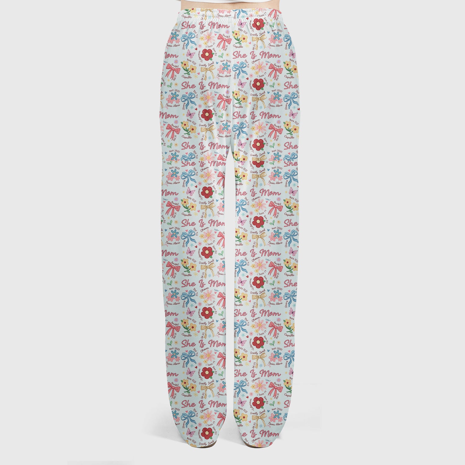 She Is Mom Flower Bow Pattern Scrub Set, Scrub Pants and V Neck Top