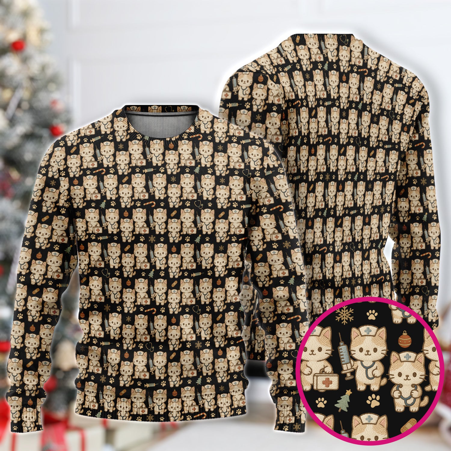 Cute Cat Nurse Christmas Scrub Set, Kawaii Kitty Medical Pattern Shirt, Breathable Fabrics Nursing Uniform