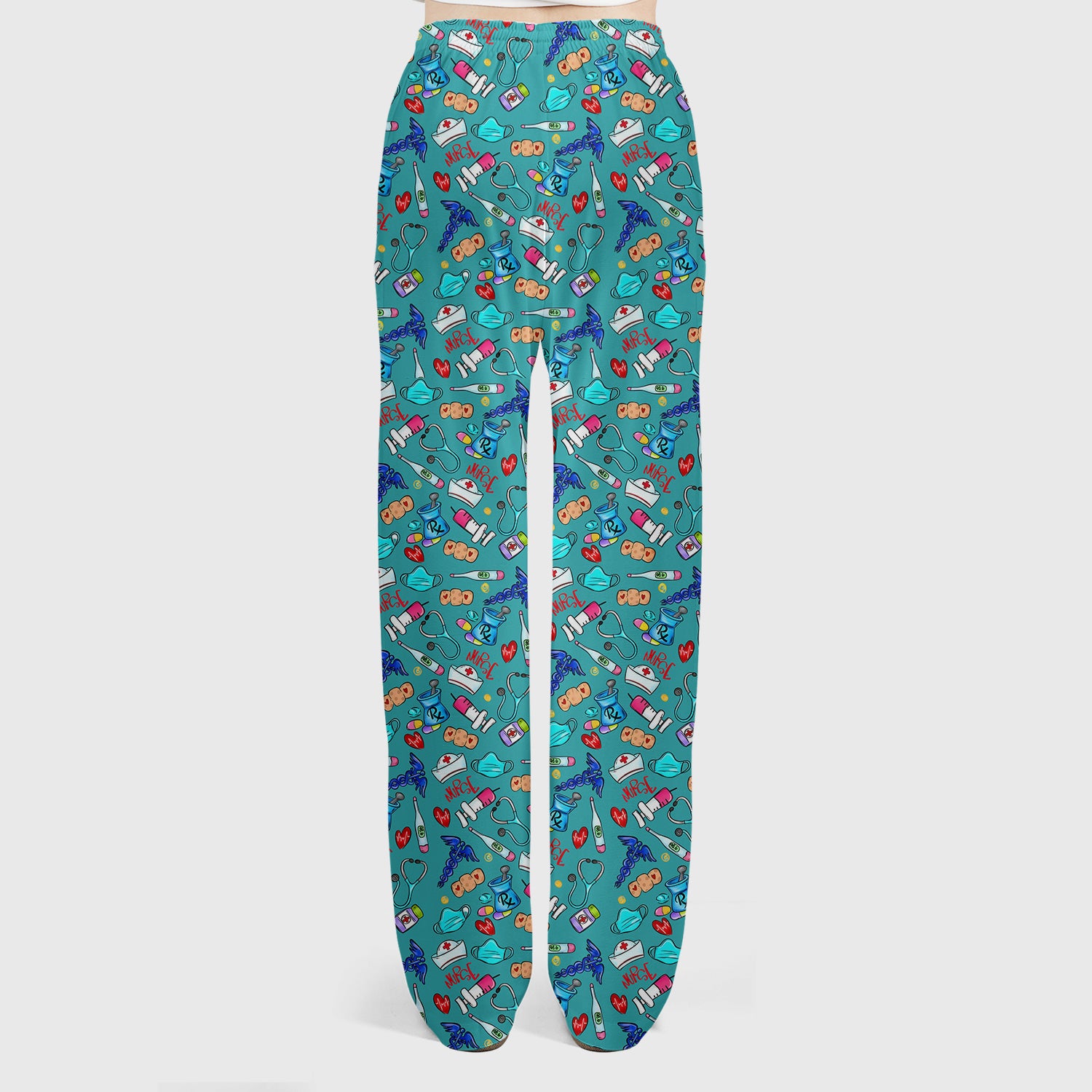 Nurse Medical Icons Stethoscope Heart Pattern Scrub Set, Scrub Pants and V Neck Top
