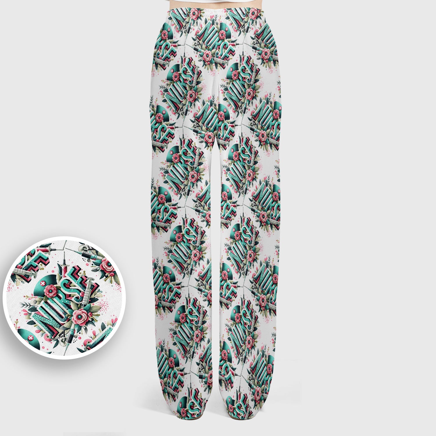 Cute Nurse Typography Floral Medical Pattern Scrub Set, Scrub Pants and V Neck Top