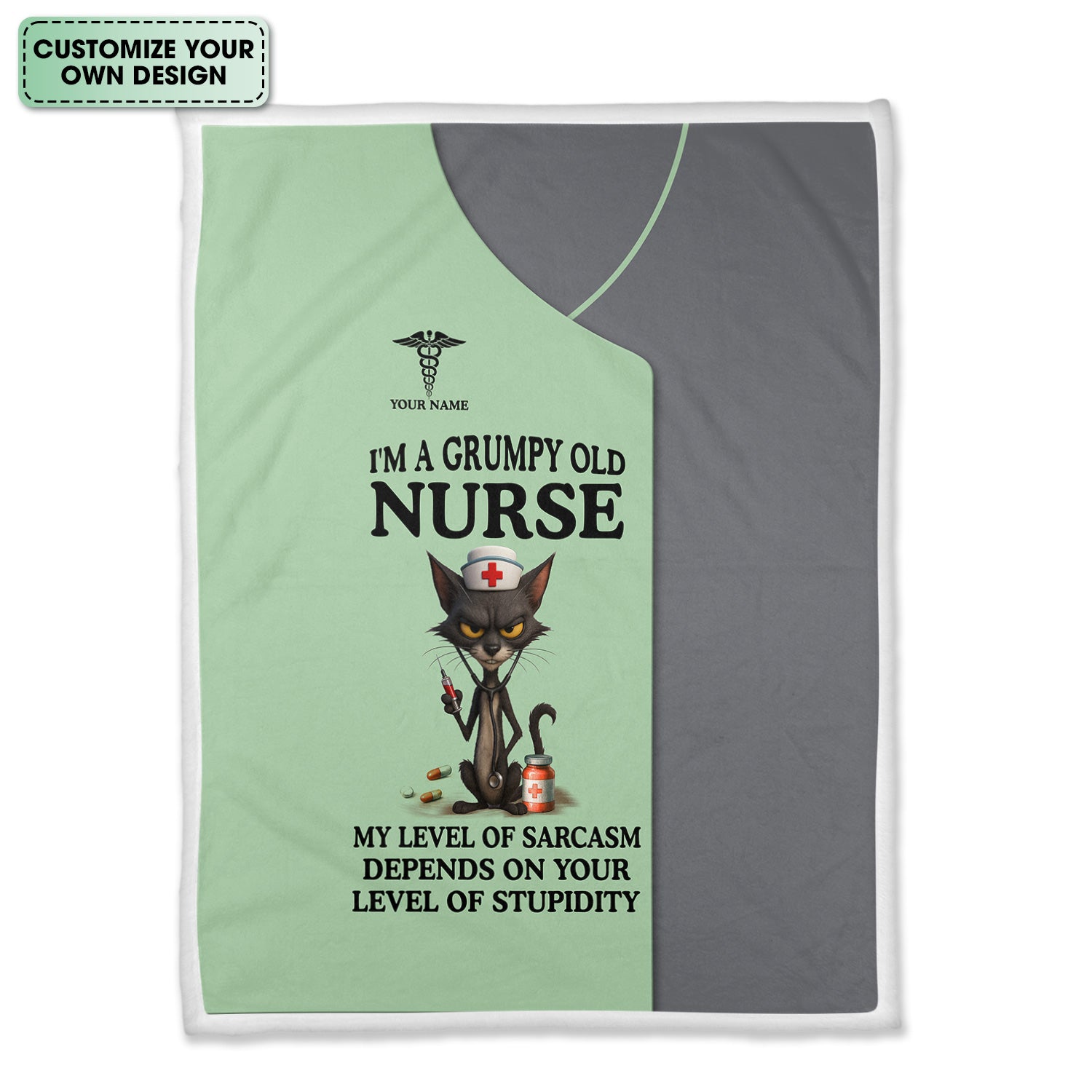 Custom Name Grumpy Old Nurse Blanket - Angry Cat Sarcastic Humor for RN LPN CNA Medical Staff Gift  - Multiple Color Options Available Keepsake