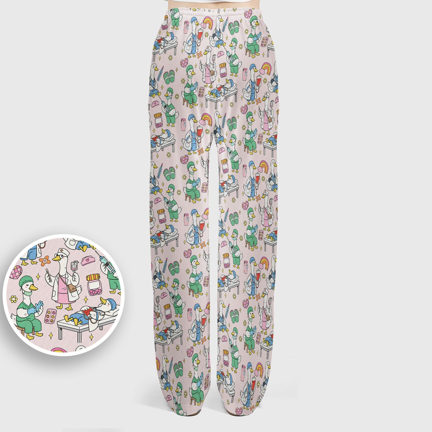 Funny Nurse Duck Medical Doodle Pattern Scrub Set, Scrub Pants and V Neck Top