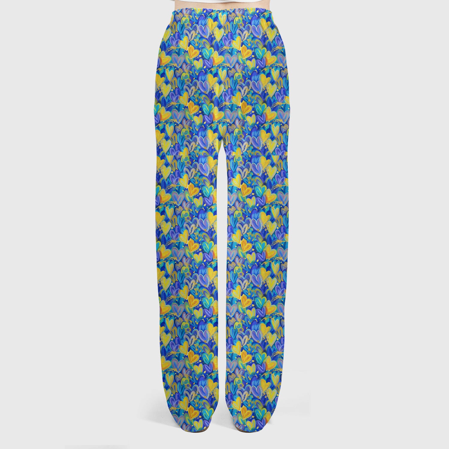 Blue and Yellow Layered Heart Pattern Print Scrub Set, Scrub Pants and V Neck Top