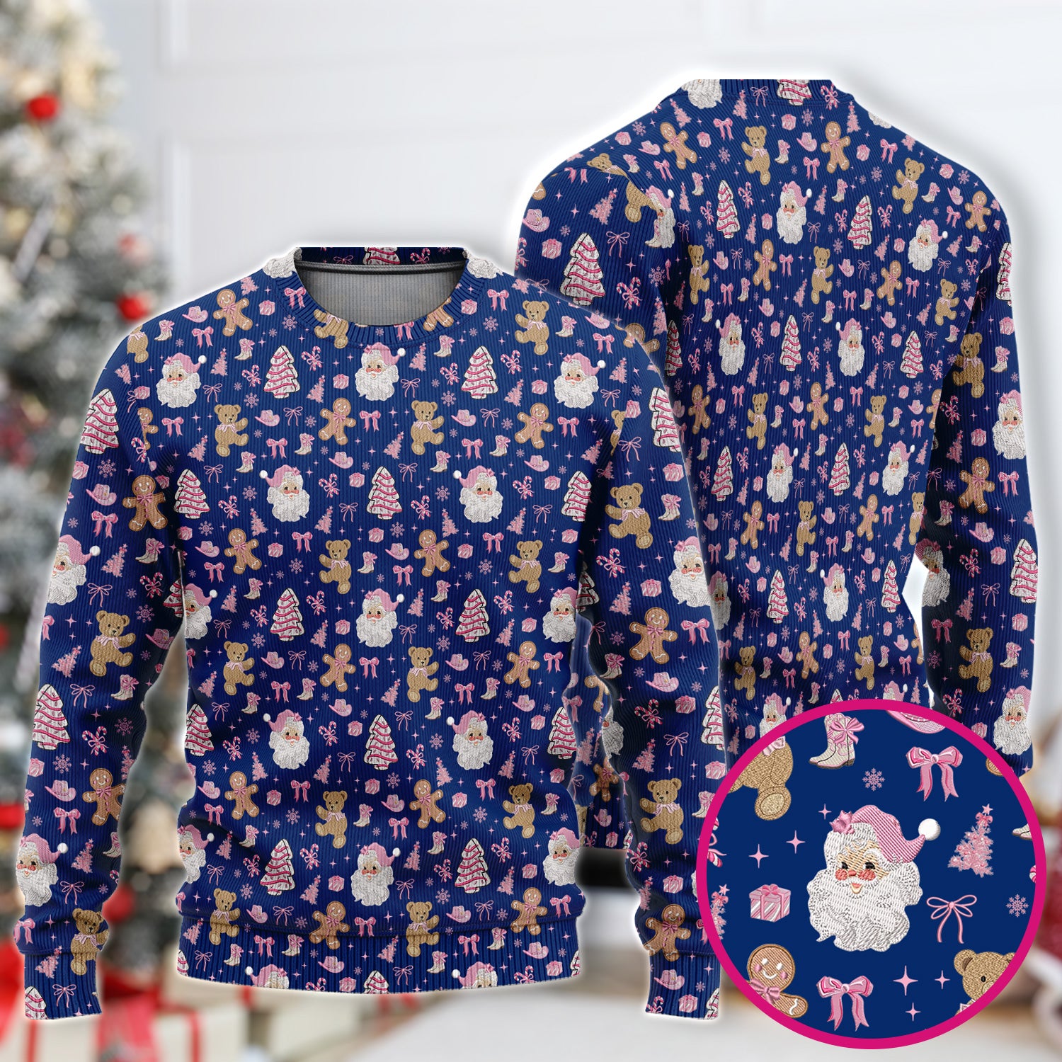 Pink Christmas Santa Gingerbread Scrub Set, Cute Holiday Medical Pattern Shirt, Breathable Fabrics Nursing Uniform