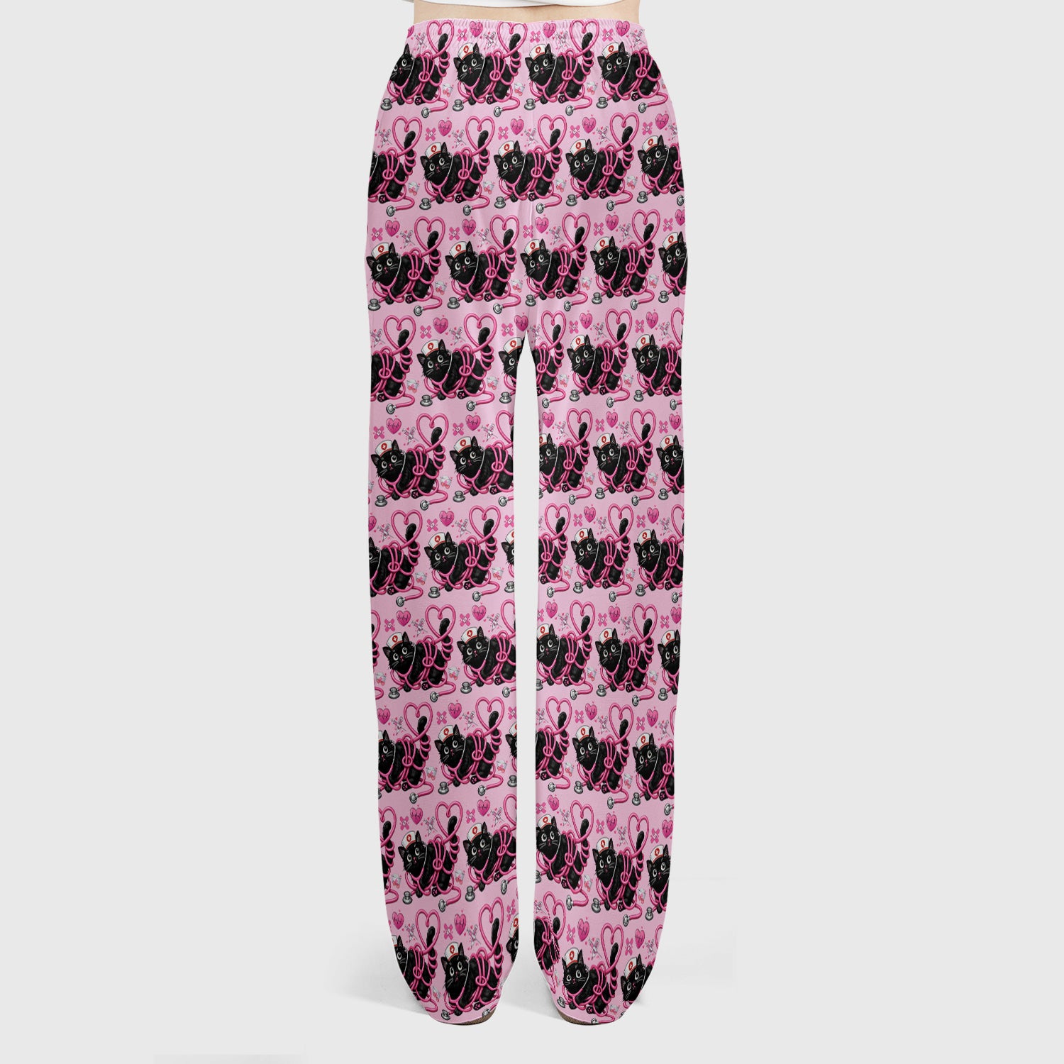 Valentine Cute Cat Nurse Heart Print Women's Scrub Set, Breathable Med Uniform