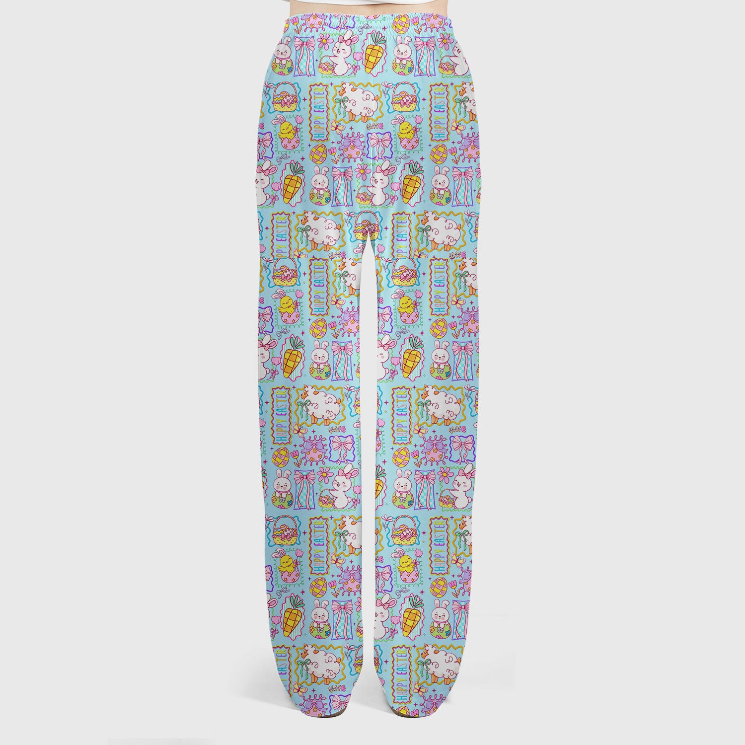 Cute Easter Bunny Egg and Bow Print Scrub Set, Scrub Pants and V Neck Top