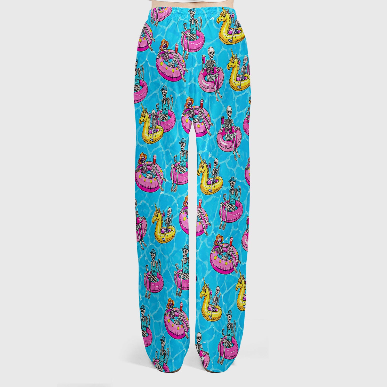 Summerween Skeleton with Pool Float Print Scrub Set, Scrub Pants and V Neck Top