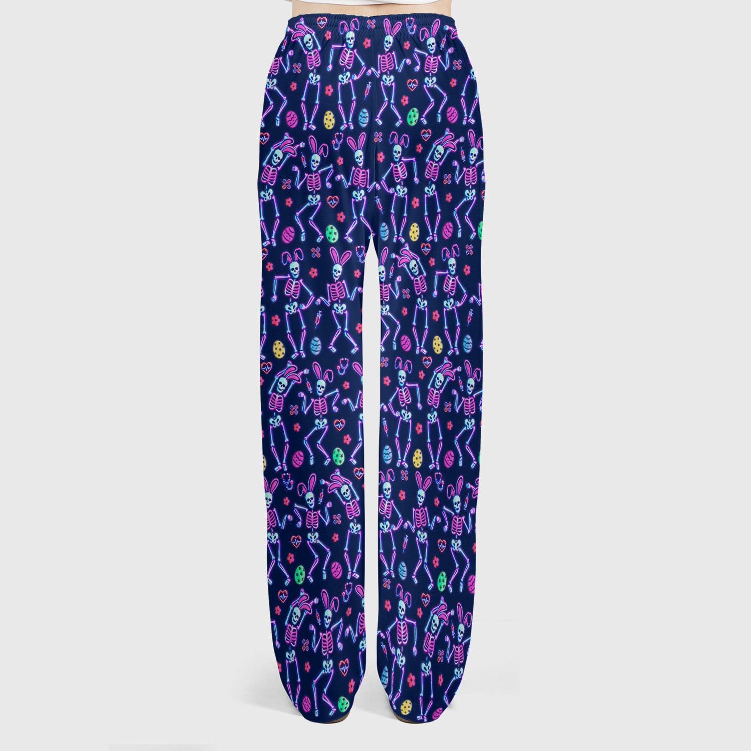 Neon Easter Skeleton Print Scrub Set, Scrub Pants and V Neck Top