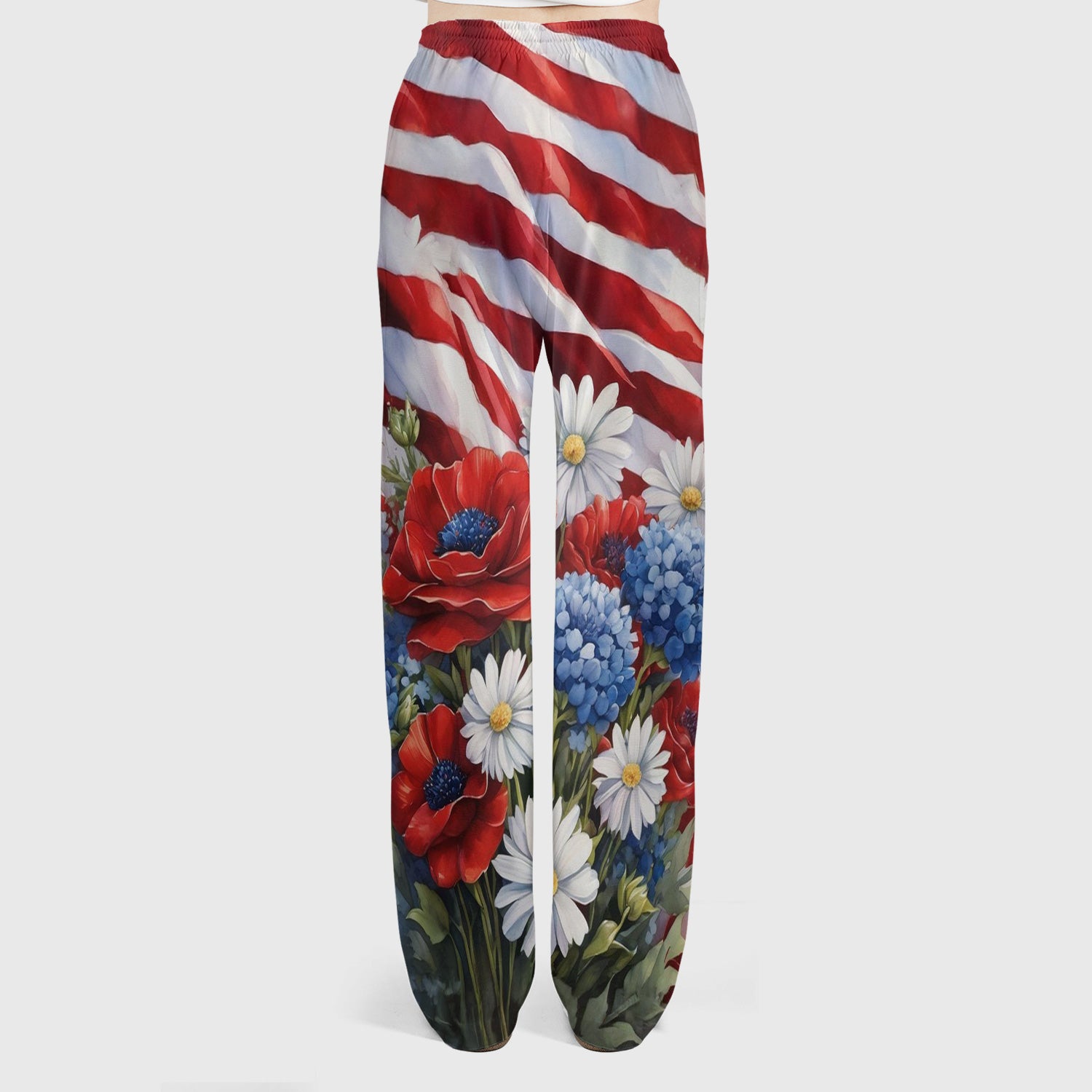 Festive US Flag Floral Bouquet Pattern Scrub Set, Scrub Pants and V Neck Top