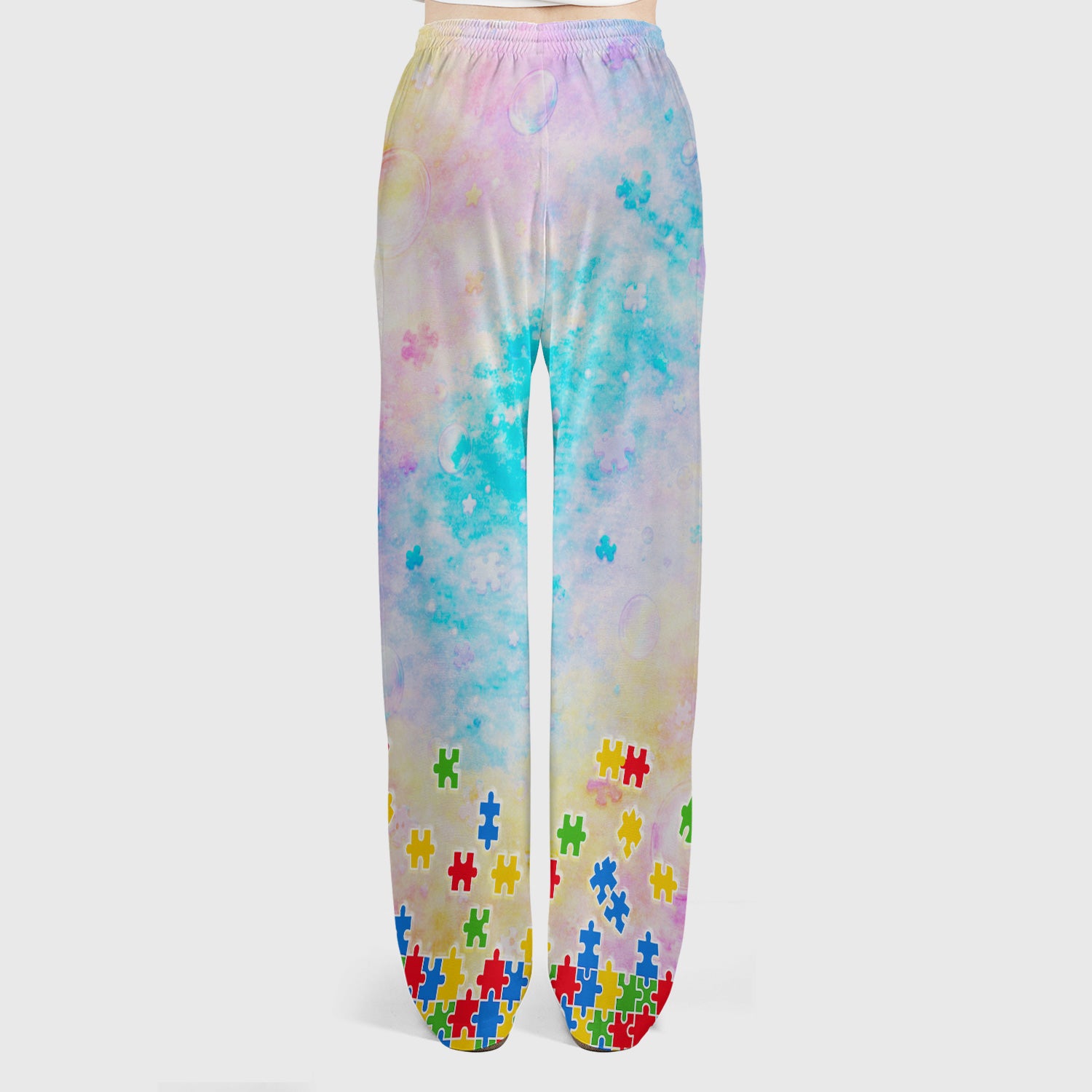 Personalized Inspirational Autism Awareness Nurse Puzzle Ribbon Pattern Scrub Set, Scrub Pants and V Neck Top