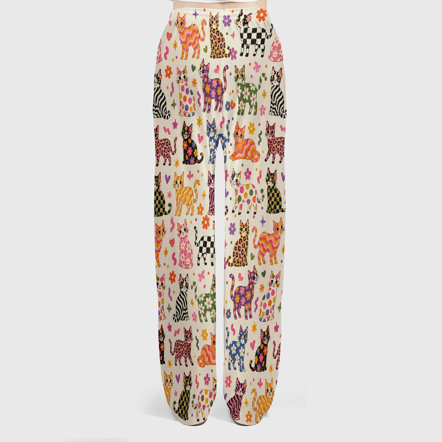 Colorful Cat with Floral Print Scrub Set, Scrub Pants and V Neck Top