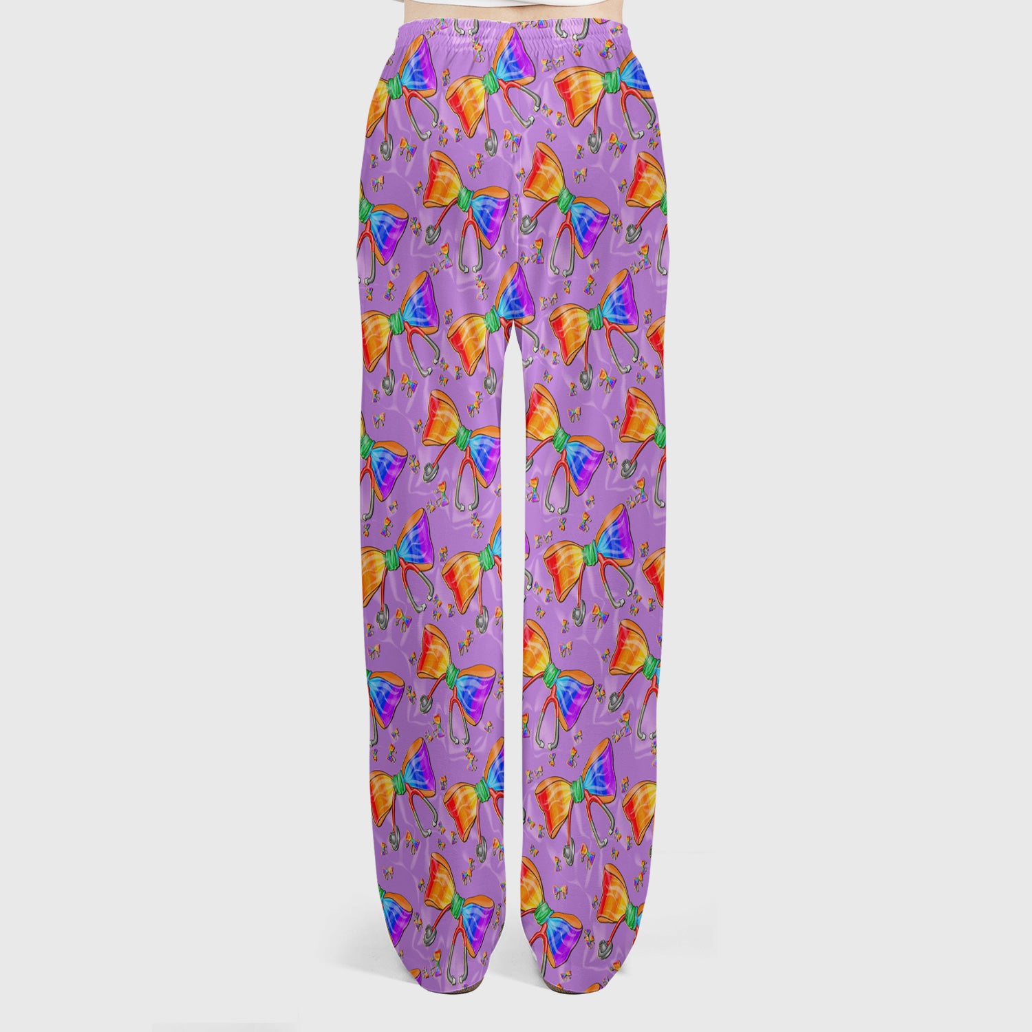Colorful Rainbow Bow Stethoscope Pattern Scrub Top, Breathable Fabrics Nursing Uniform