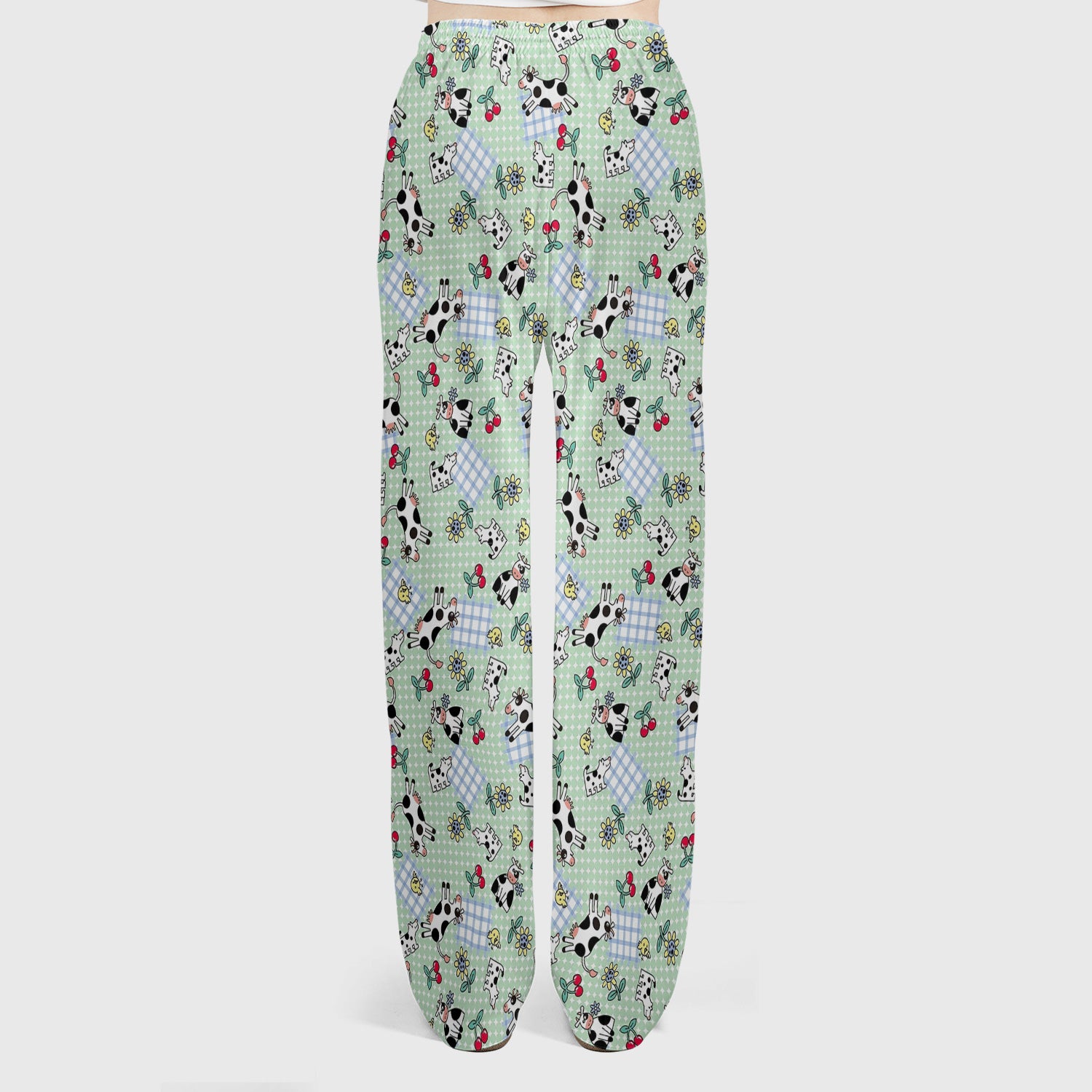 Cute Cow Cherry Farm Garden Pattern Nurse Scrub Set, Scrub Pants and V Neck Top