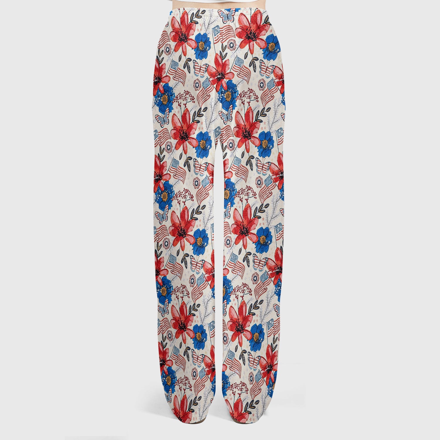 Patriotic Floral Flag Butterfly Pattern Scrub Set, Scrub Pants and V Neck Top