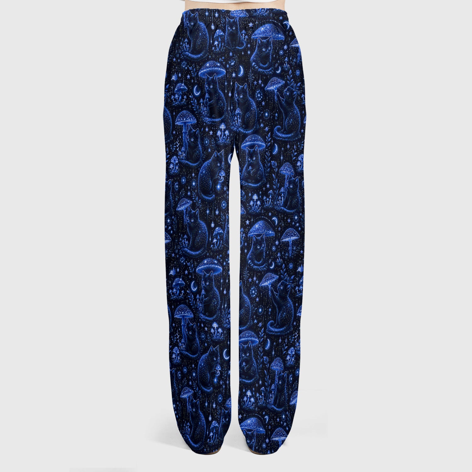 Celestial Black Cat Mushroom Pattern Scrub Set, Scrub Pants and V Neck Top