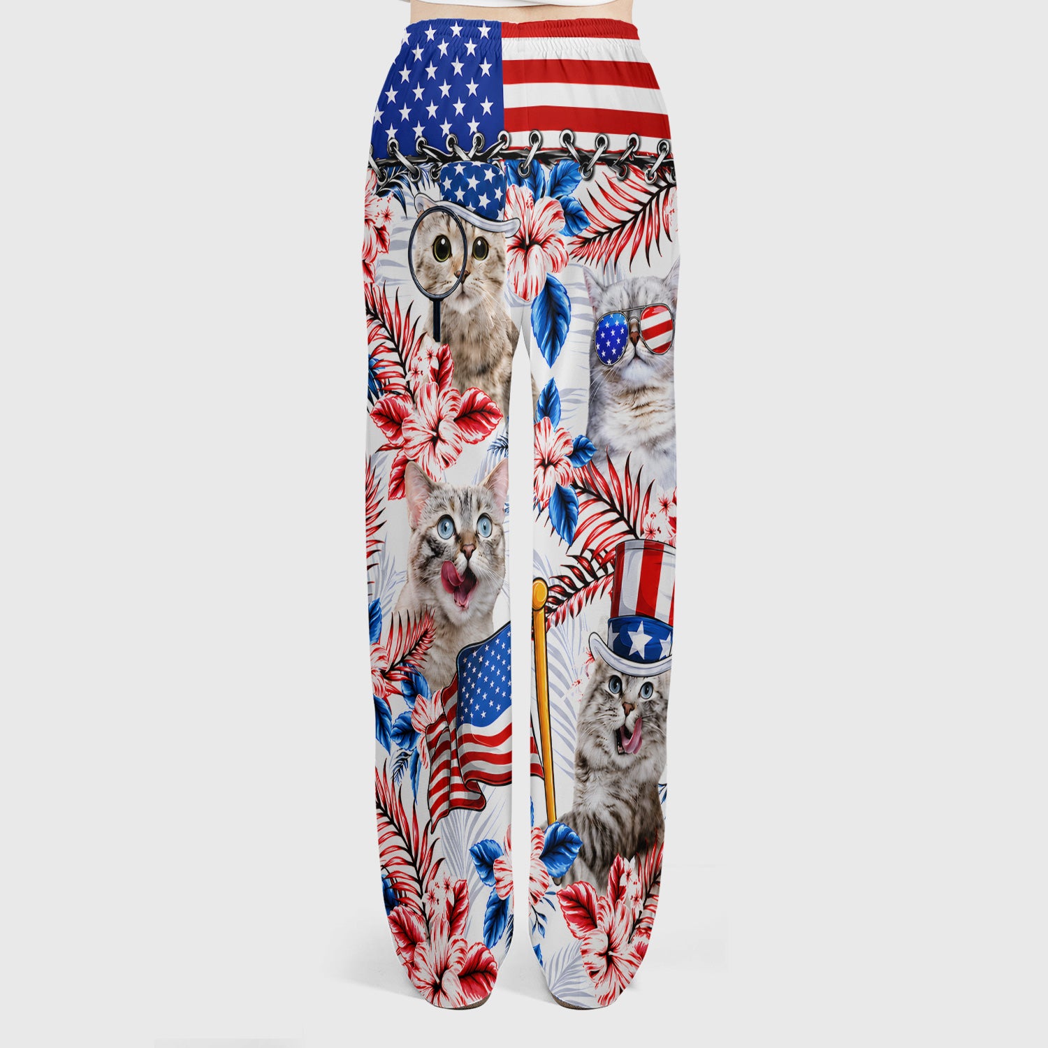 Patriotic Cat with USA Flag Scrub Set, Scrub Pants and V Neck Top