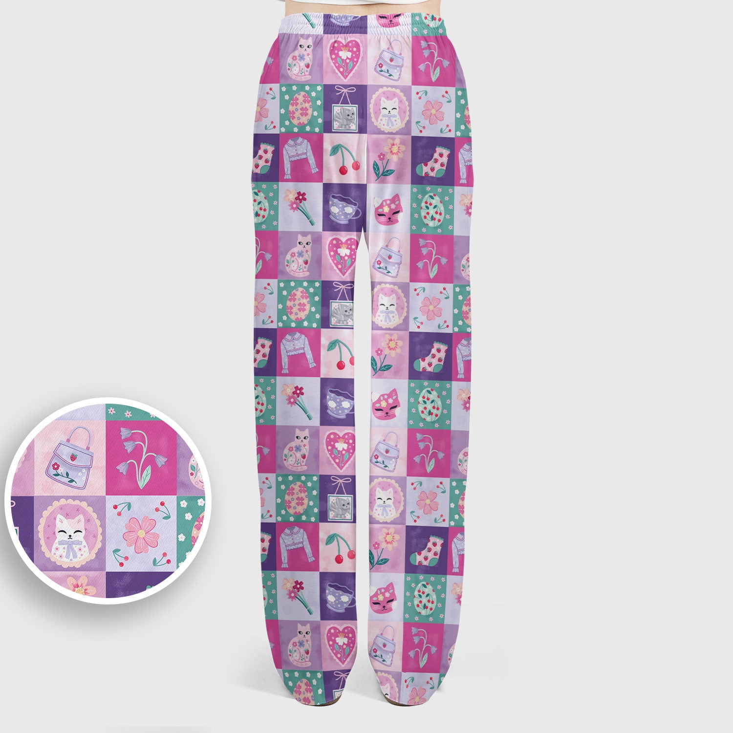 Pastel Cat Patchwork Scrub Set,  Kawaii Floral Scrub Pants and V Neck Top