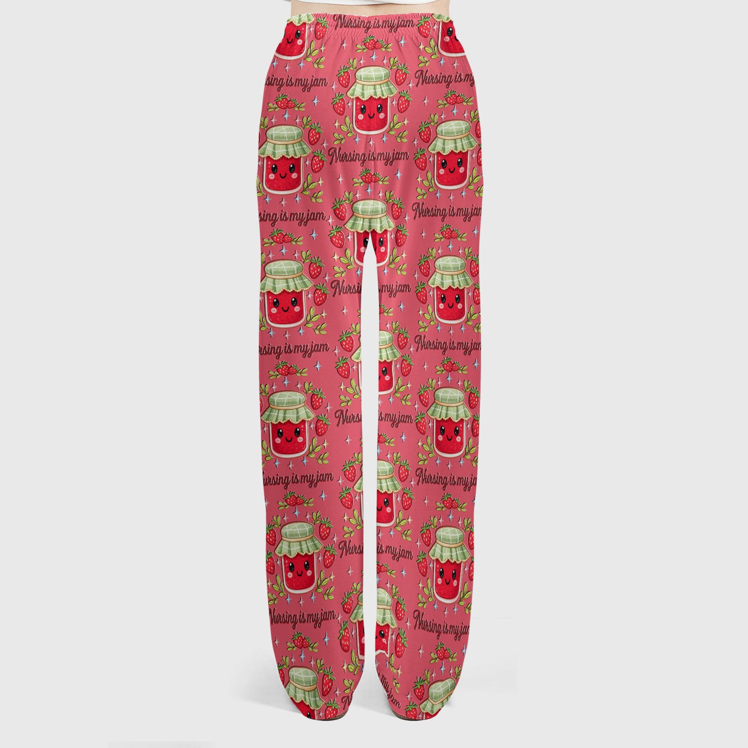 Cute Strawberry Jam Nurse Pattern Scrub Set, Breathable Med Uniform