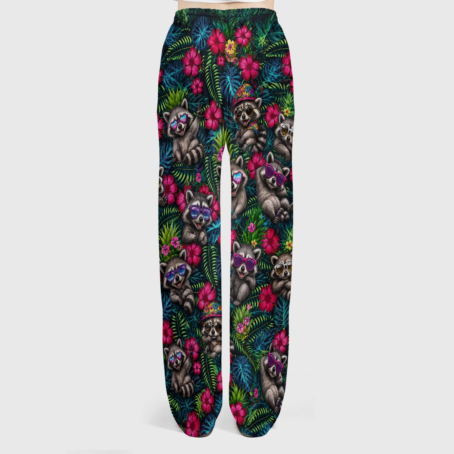 Tropical Raccoon Nurse Floral Pattern Scrub Set, Scrub Pants and V Neck Top