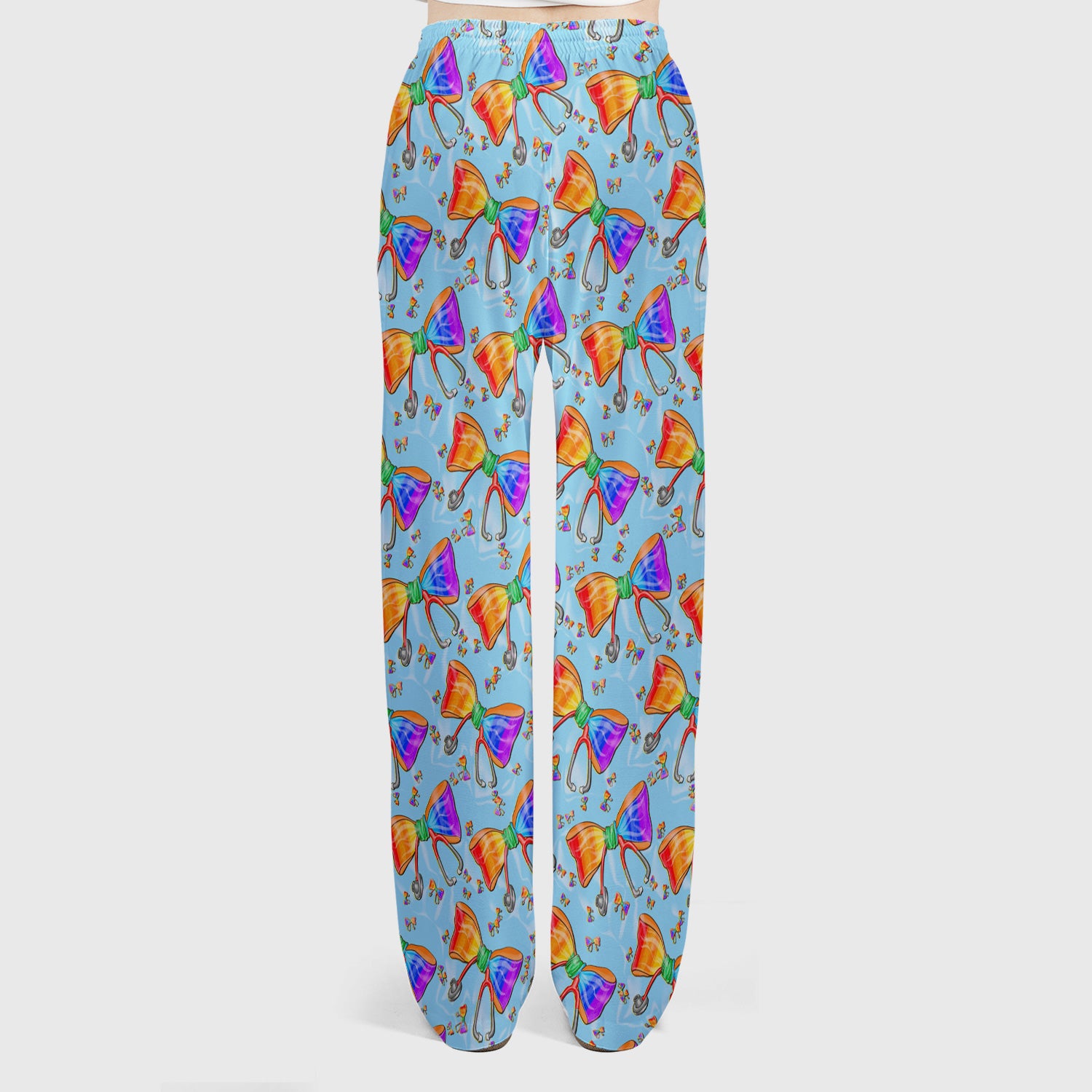 Colorful Rainbow Bow Stethoscope Pattern Scrub Top, Breathable Fabrics Nursing Uniform